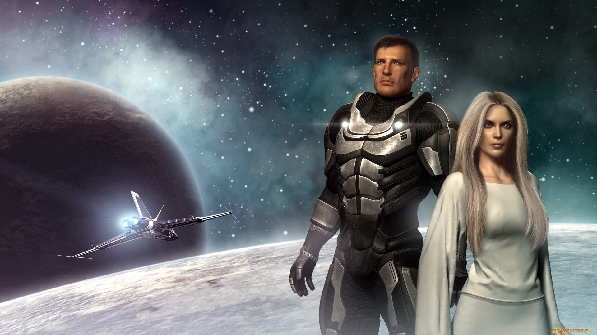 3д, графика, fantasy, , фантазия, корабль, планеты, космос, парень, девушка