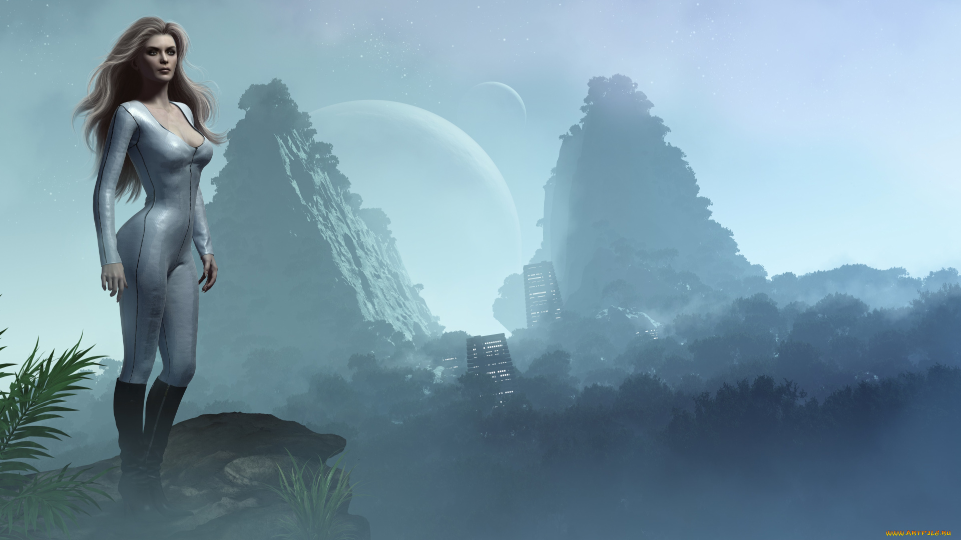 3д, графика, people, , люди, рендер, девушка, планета, горы, здания, обрыв