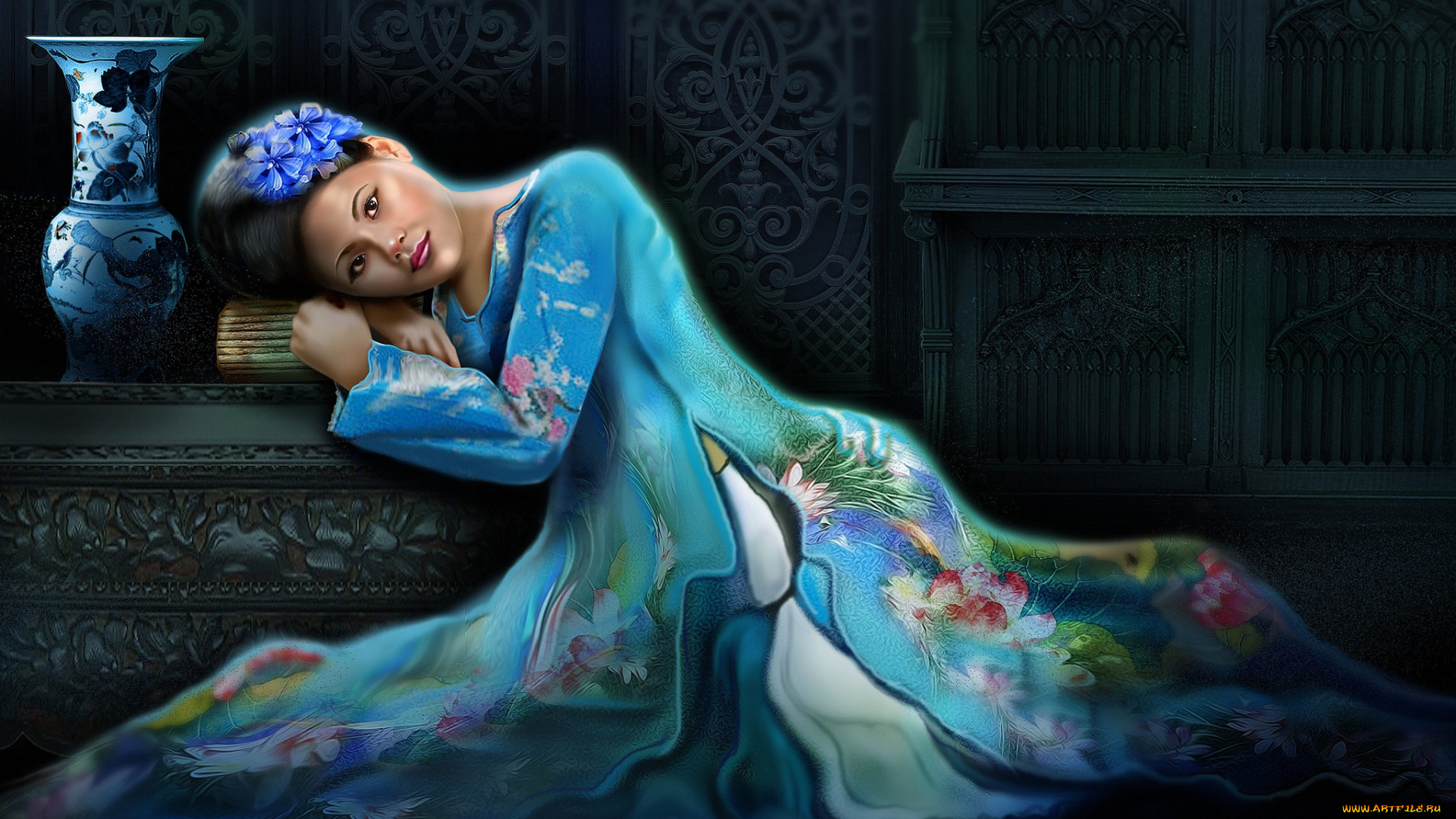 фэнтези, девушки, азиатка, ваза