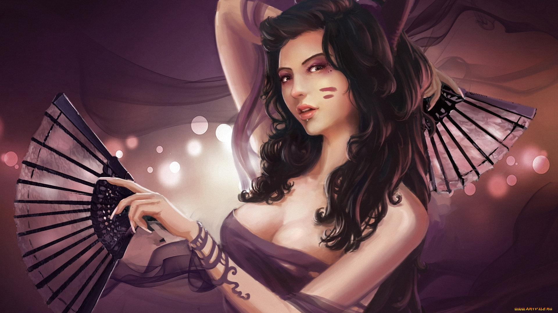 фэнтези, девушки, брюнетка, огоньки, веер, девушка