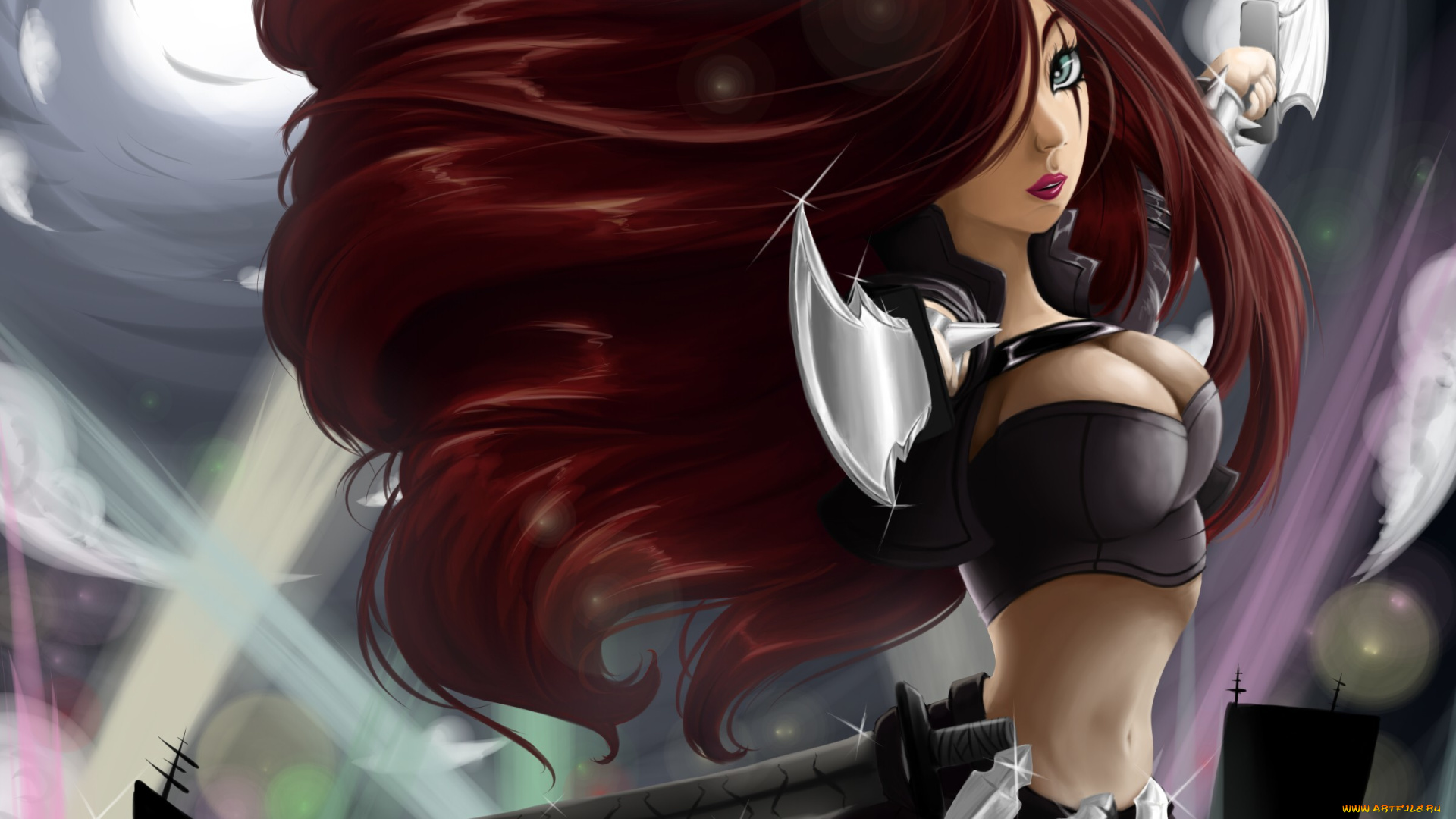 фэнтези, девушки, katarina, league, of, legends, арт, грудь, стойка, кинжалы, девушка, волосы