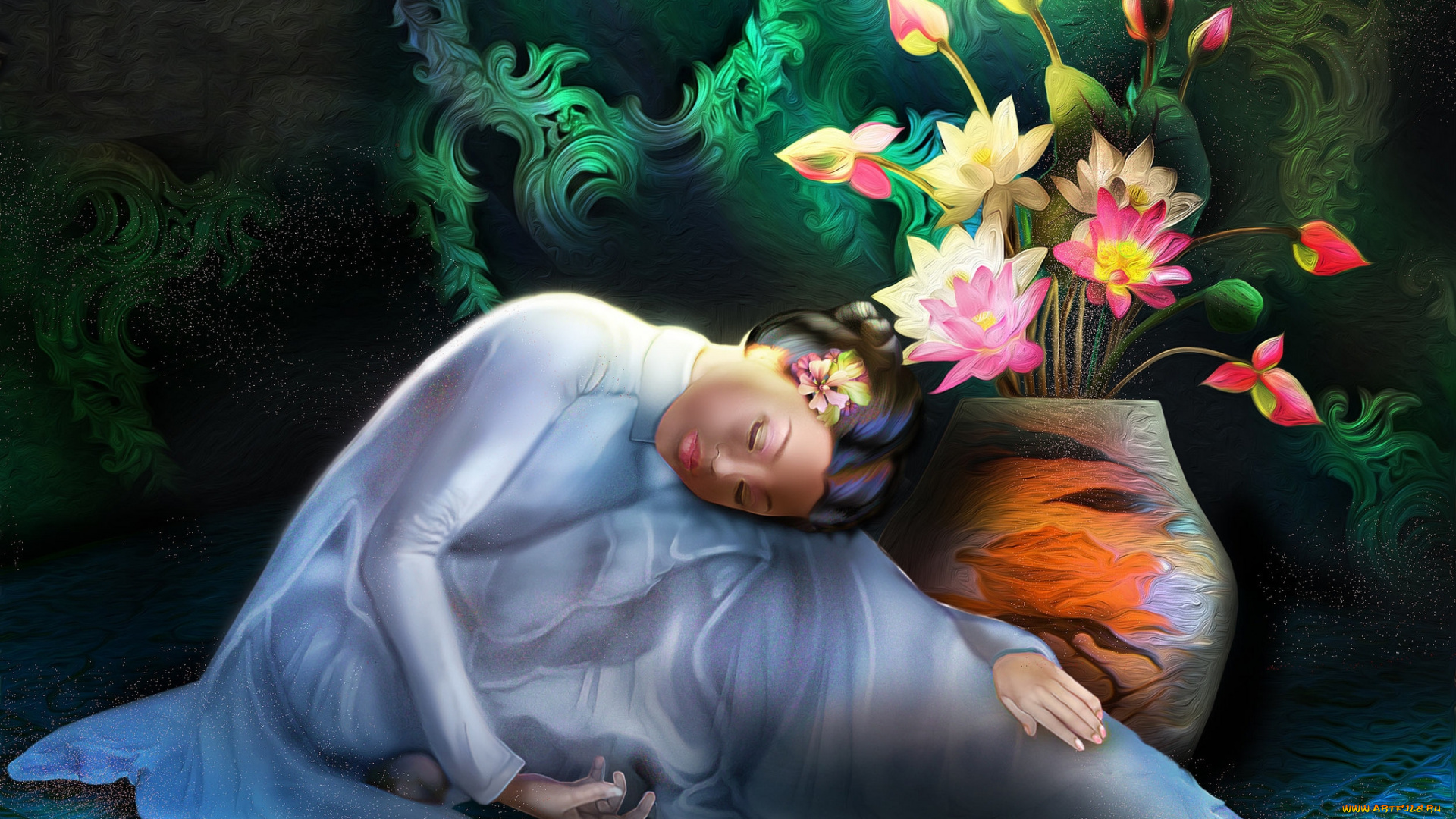 фэнтези, девушки, лотосы, азиатка
