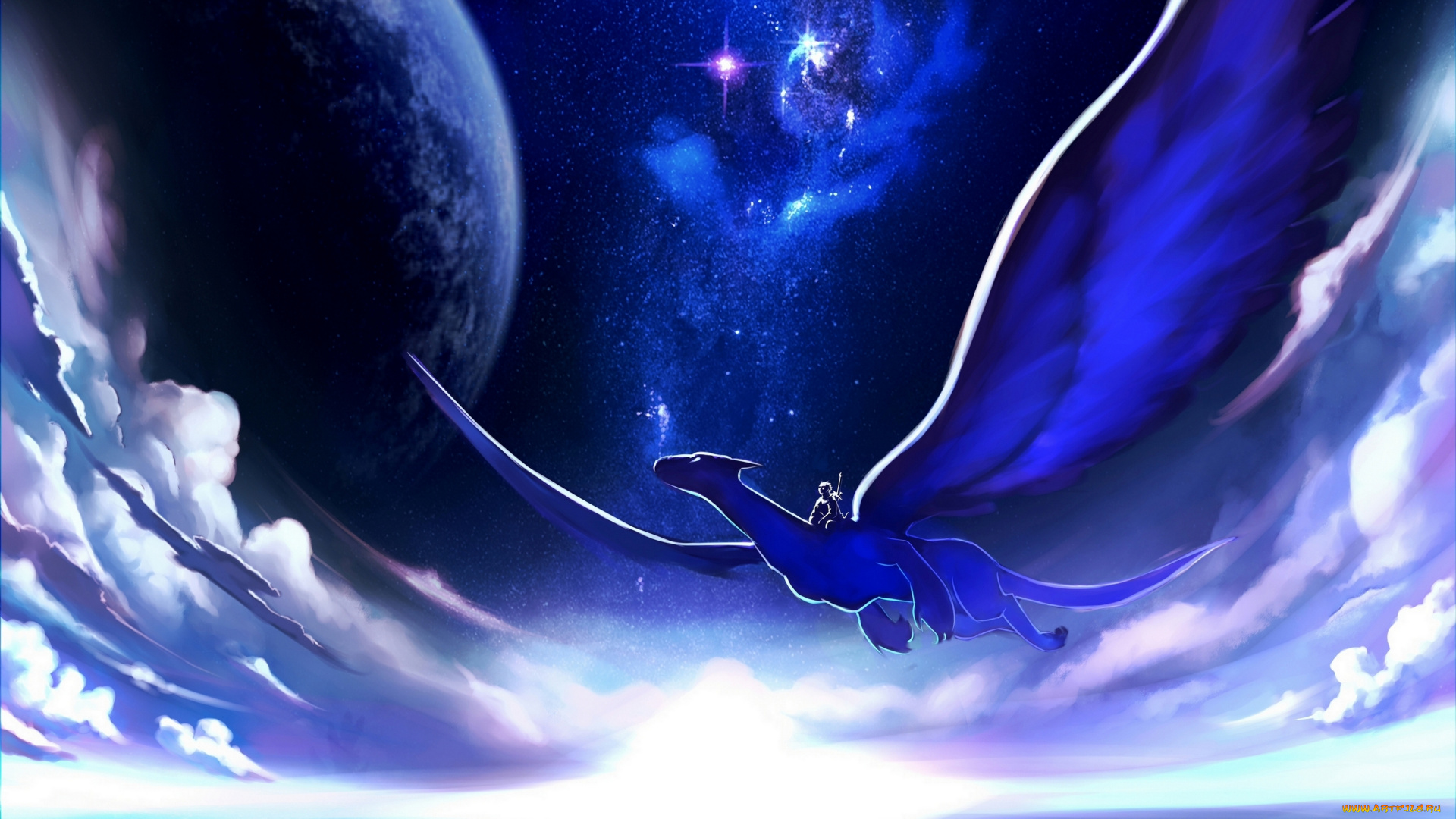 фэнтези, драконы, звезды, крылья, полет, всадник, дракон