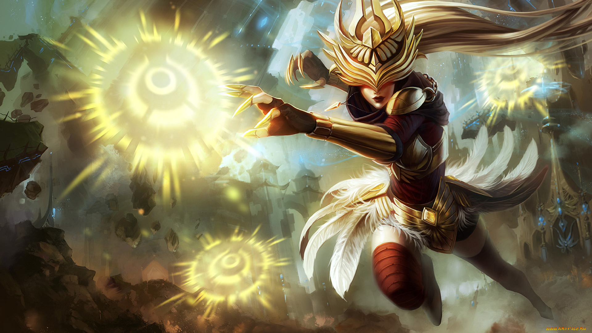 фэнтези, магия, город, взрывы, перья, доспехи, девушка, syndra, lol, league, of, legends