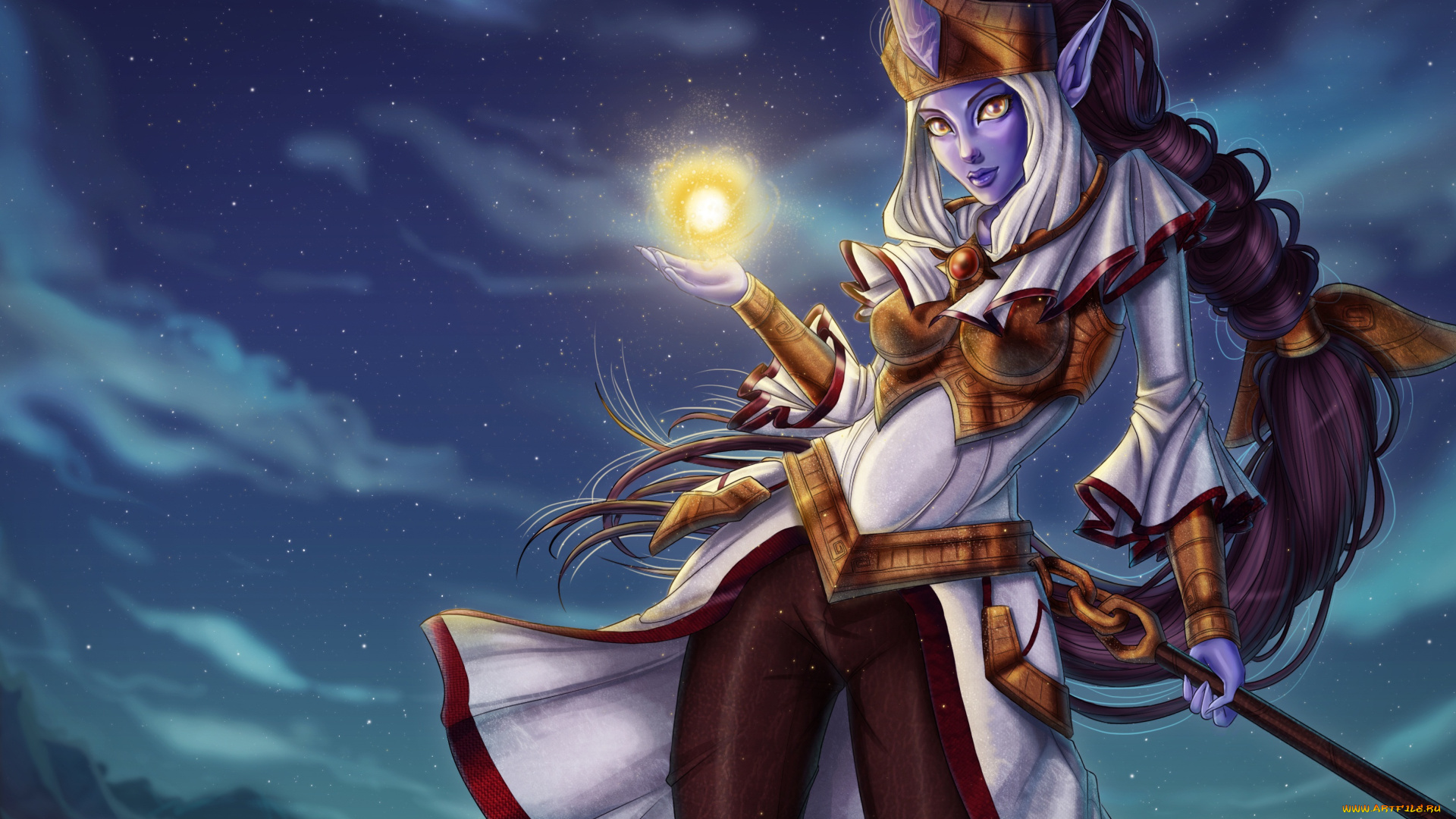 фэнтези, существа, ночь, магия, девушка, фиолетовая, звёзды, небо