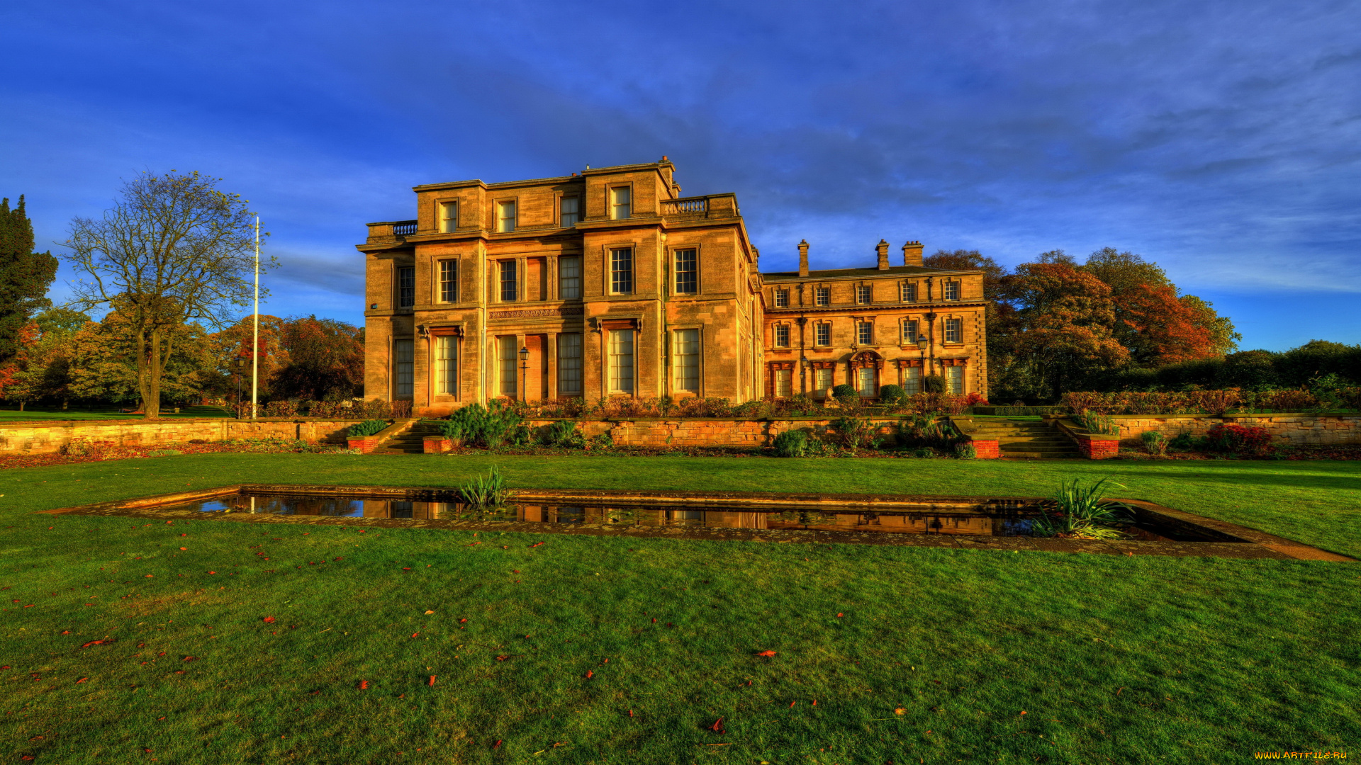 normanby, hall, англия, города, -, здания, , дома, особняк, ландшафт, normanby, hall, бассейн, трава, англия
