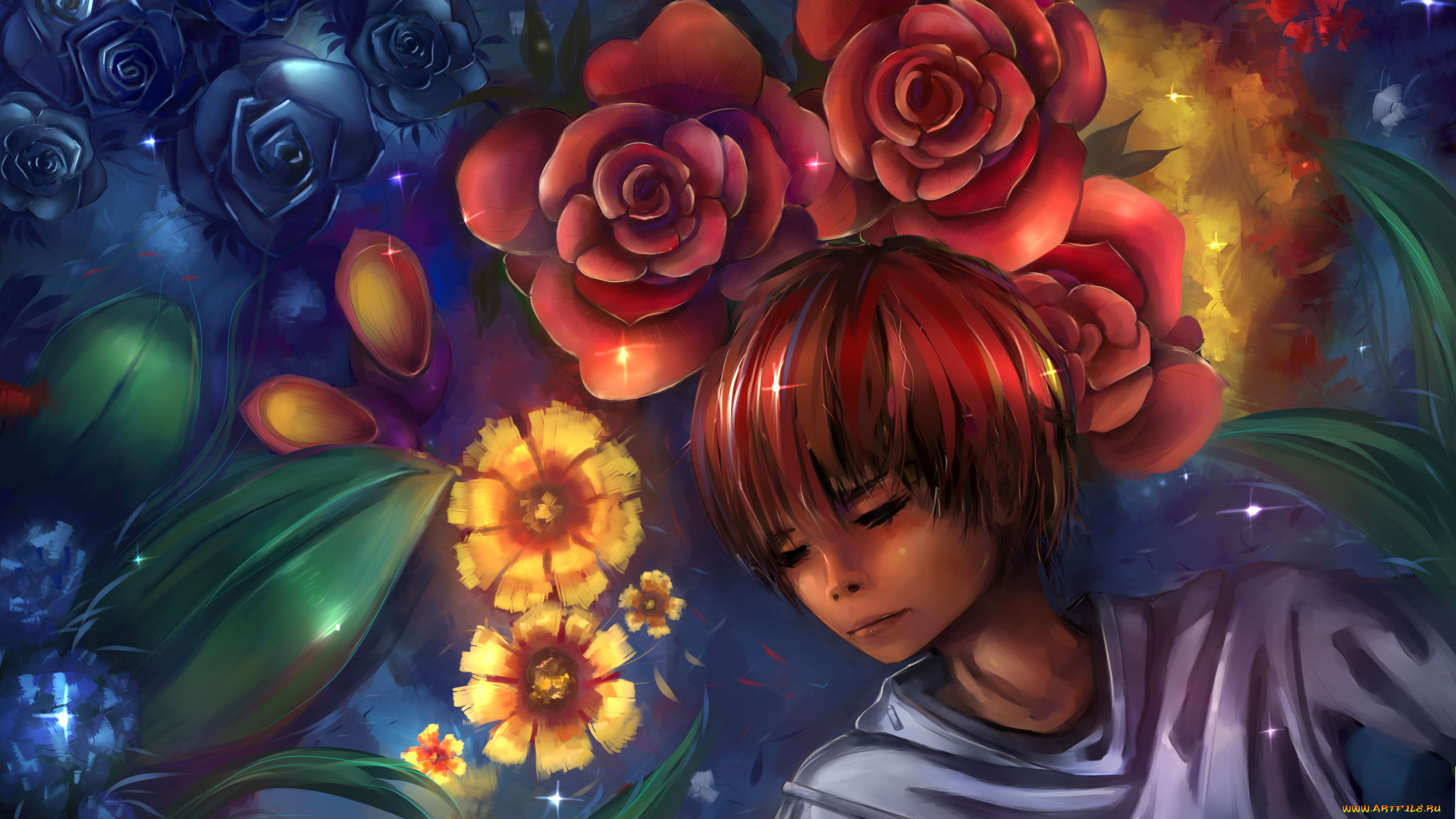 рисованные, люди, девушка, цветы