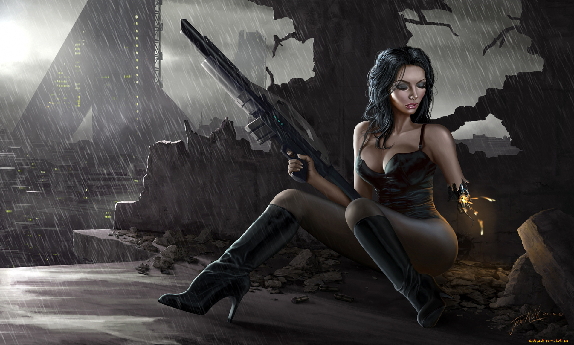 фэнтези, роботы, , киборги, , механизмы, руины, дождь, автомат, будущее, киборг, девушка
