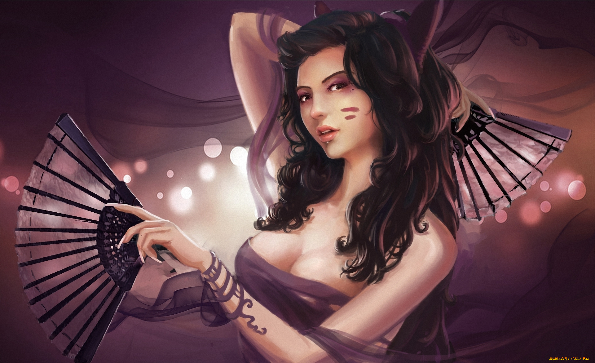 фэнтези, девушки, брюнетка, огоньки, веер, девушка