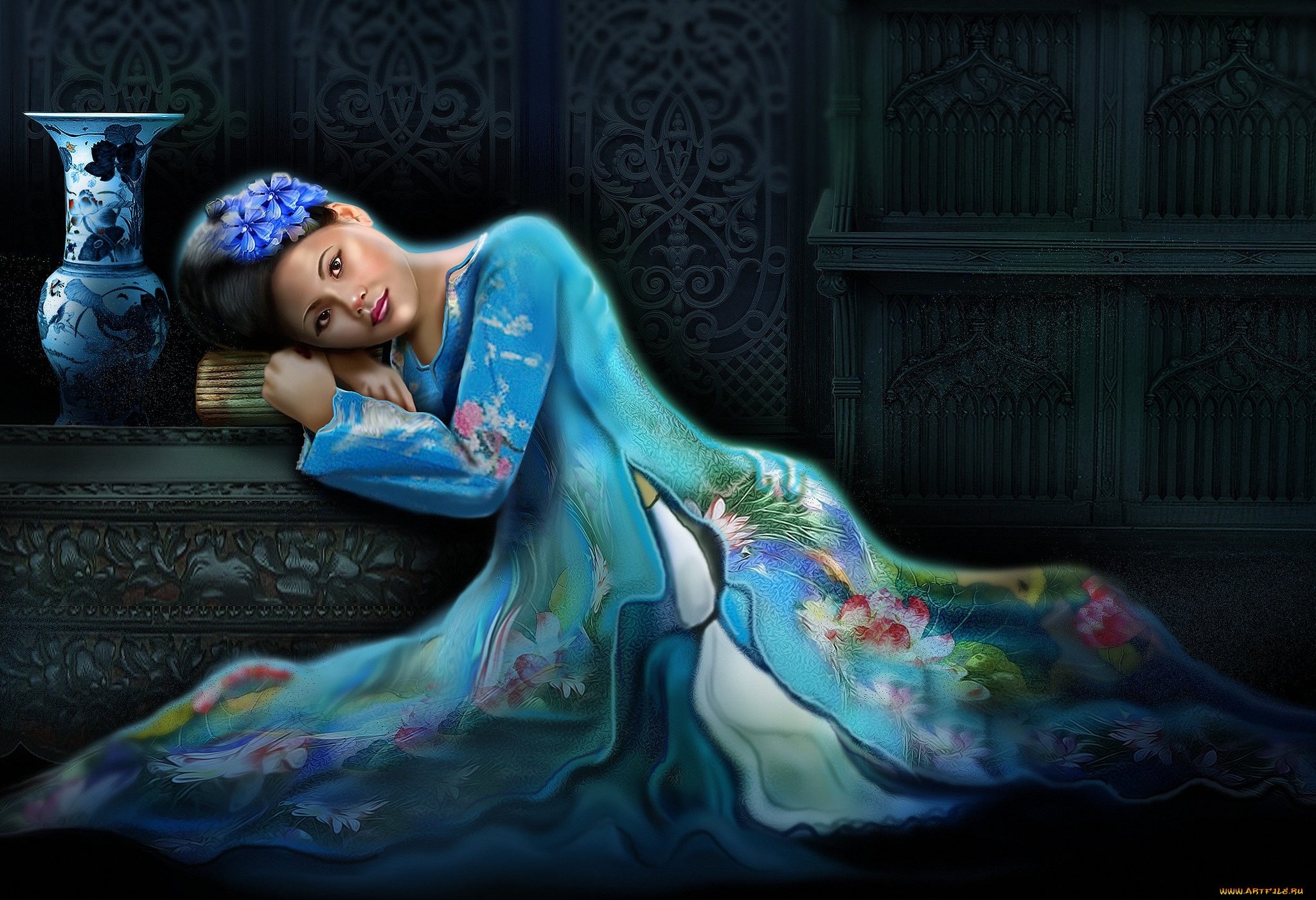 фэнтези, девушки, азиатка, ваза