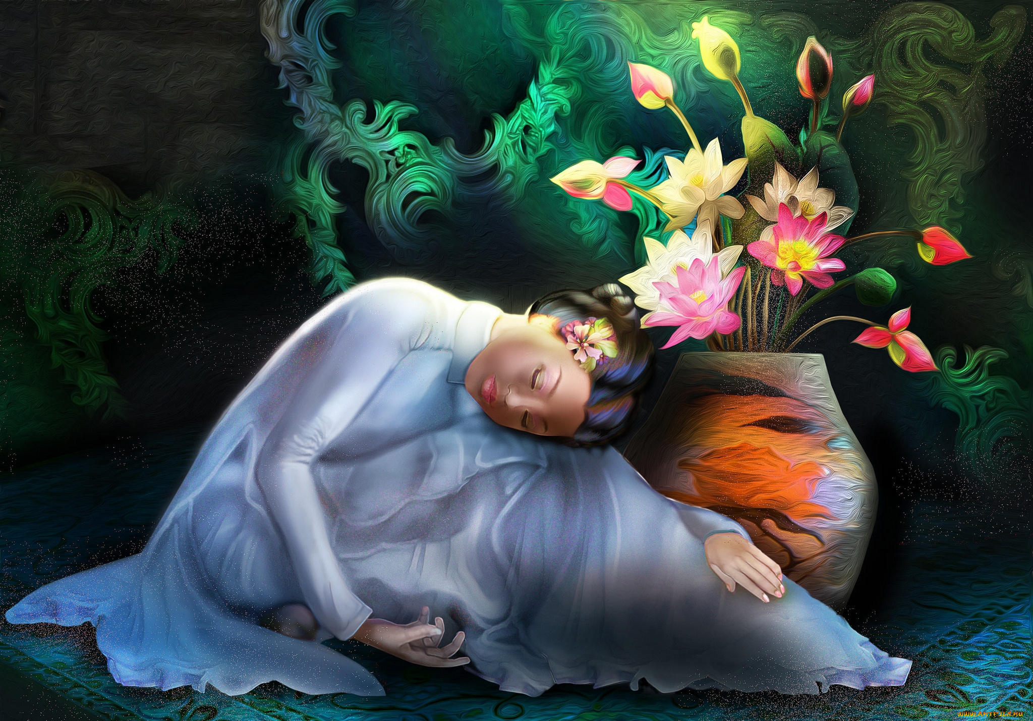 фэнтези, девушки, лотосы, азиатка