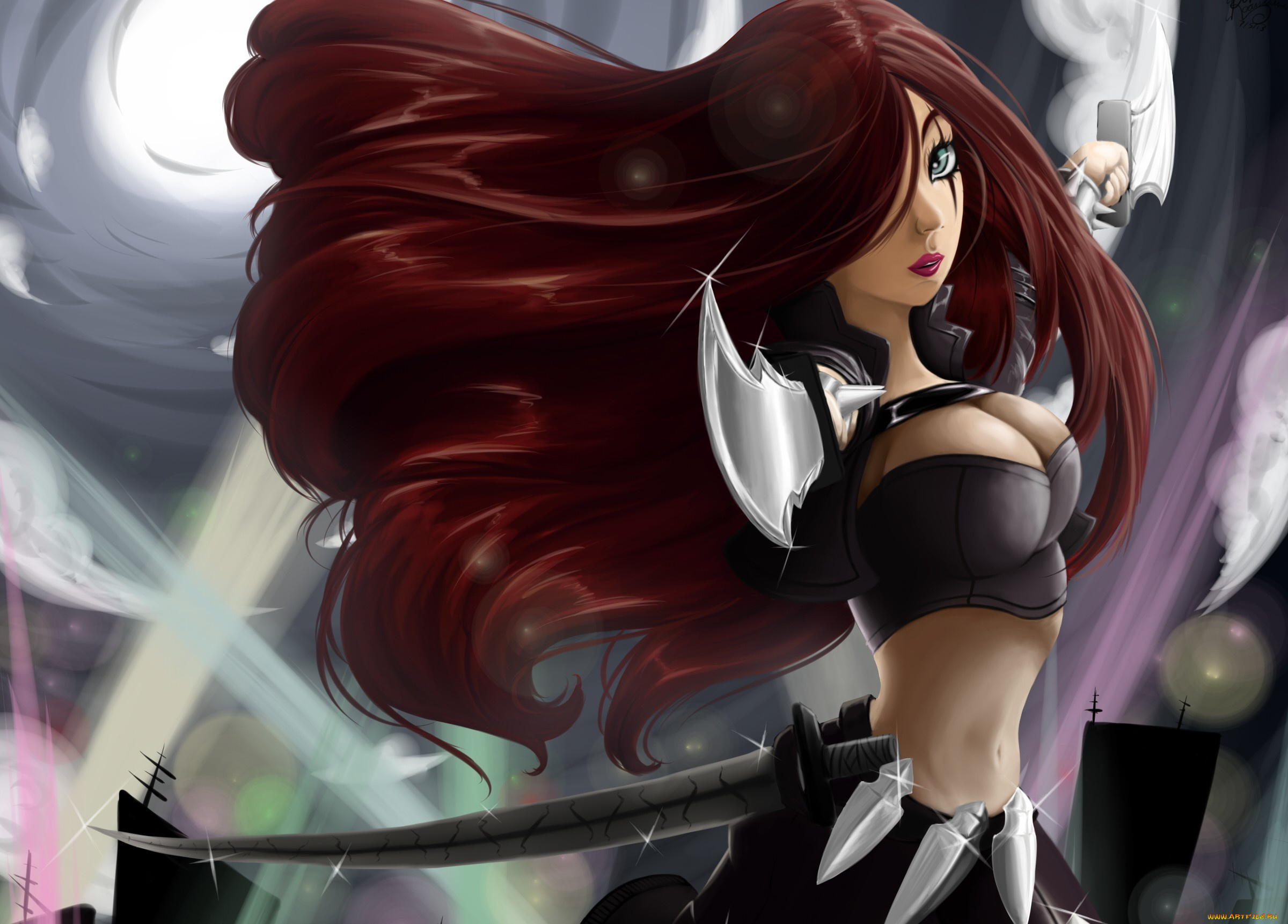фэнтези, девушки, katarina, league, of, legends, арт, грудь, стойка, кинжалы, девушка, волосы