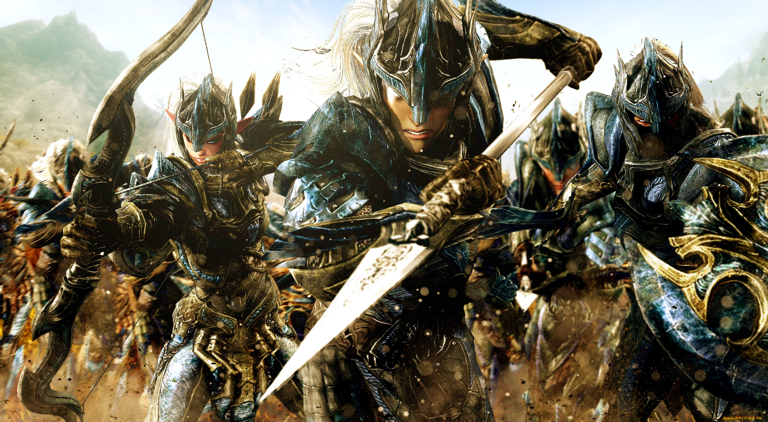 3д, графика, elves, , эльфы, воины, копьё, лук, сражение, битва