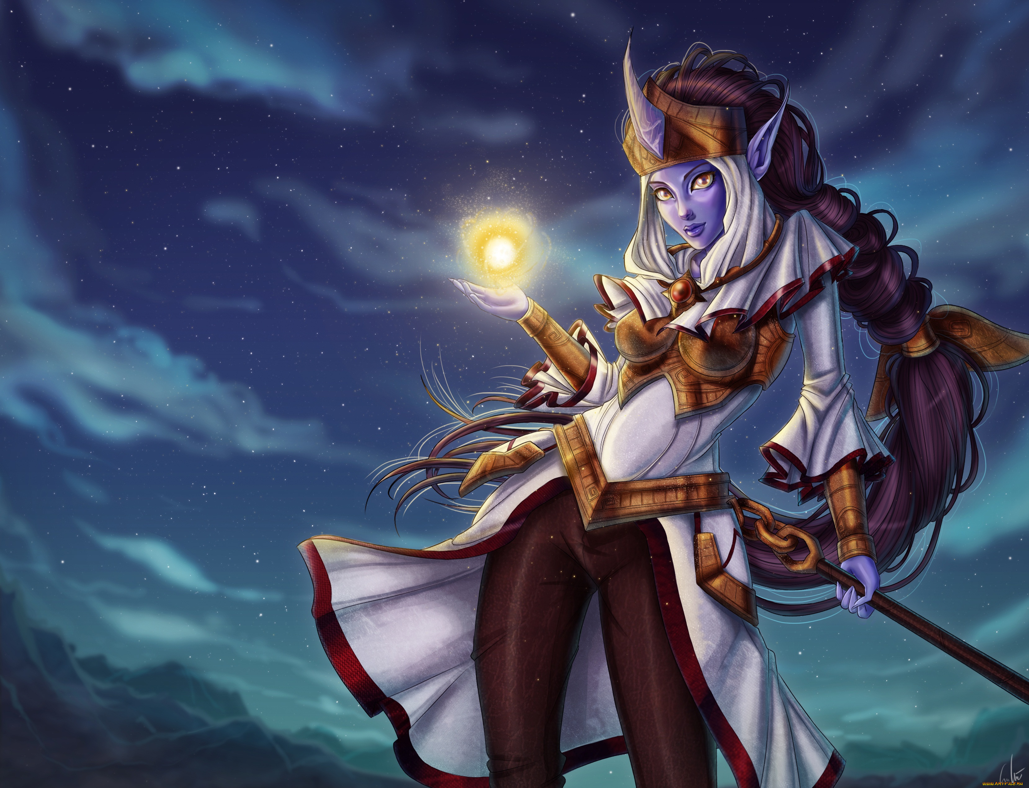 фэнтези, существа, ночь, магия, девушка, фиолетовая, звёзды, небо