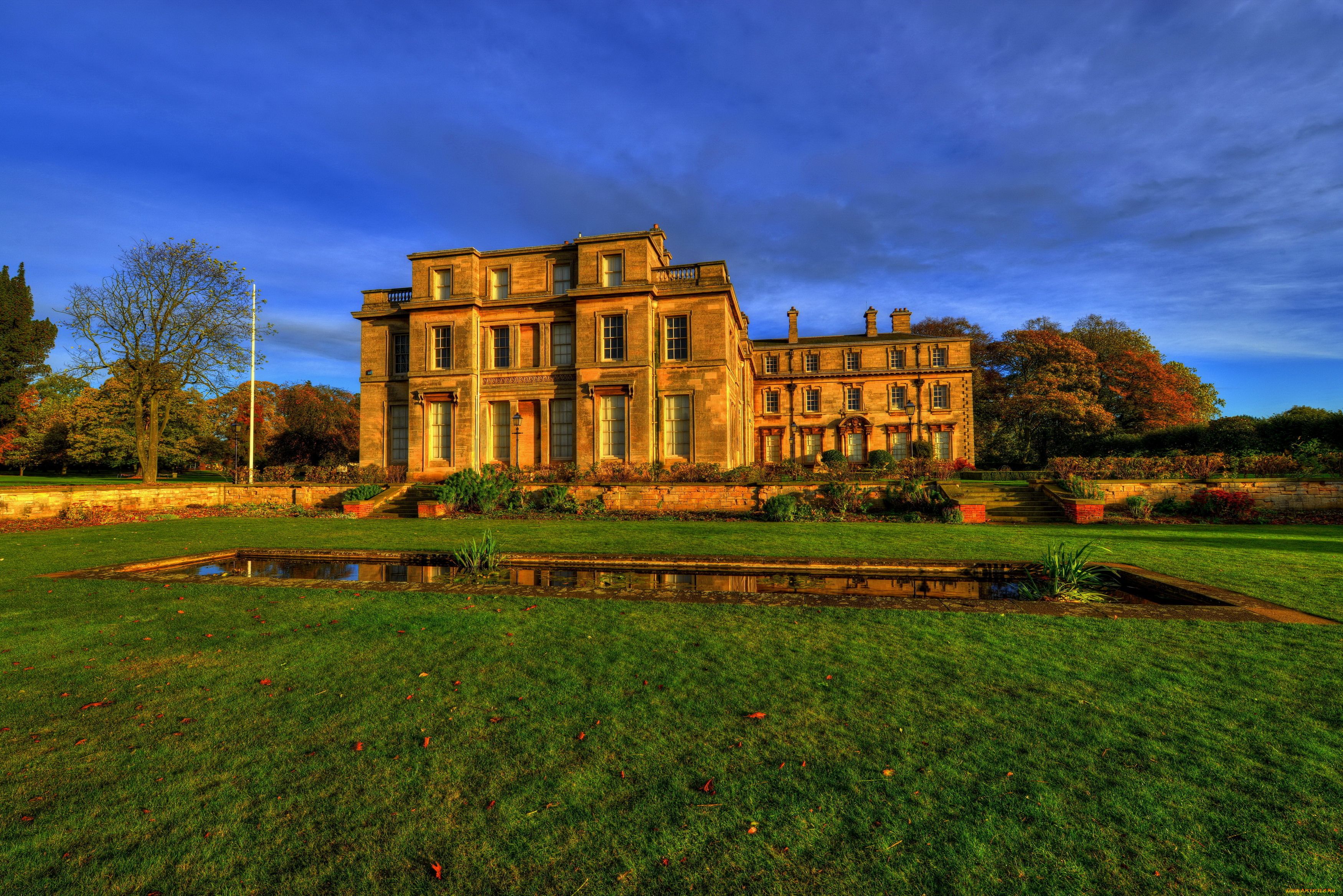 normanby, hall, англия, города, -, здания, , дома, особняк, ландшафт, normanby, hall, бассейн, трава, англия