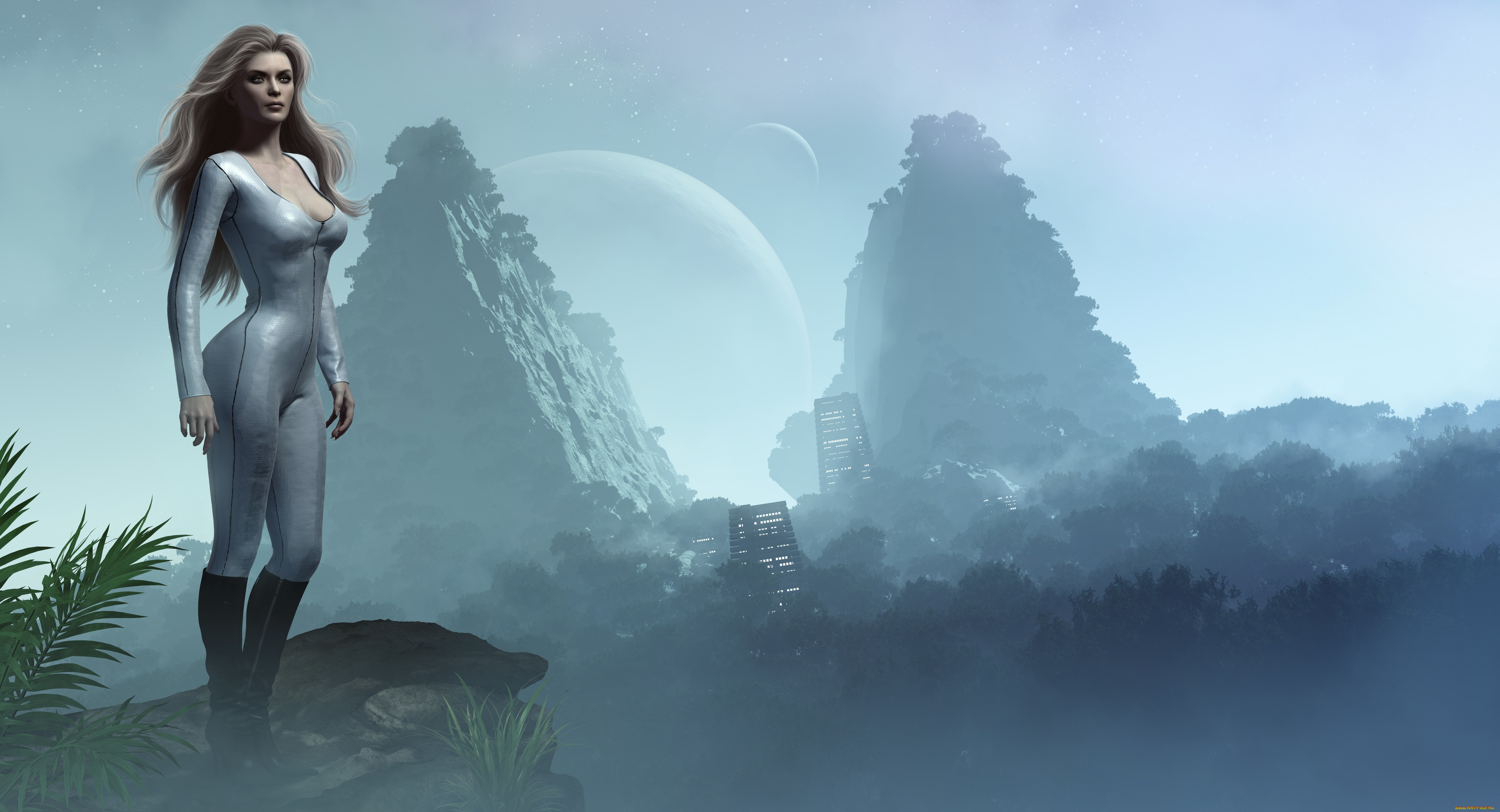 3д, графика, people, , люди, рендер, девушка, планета, горы, здания, обрыв