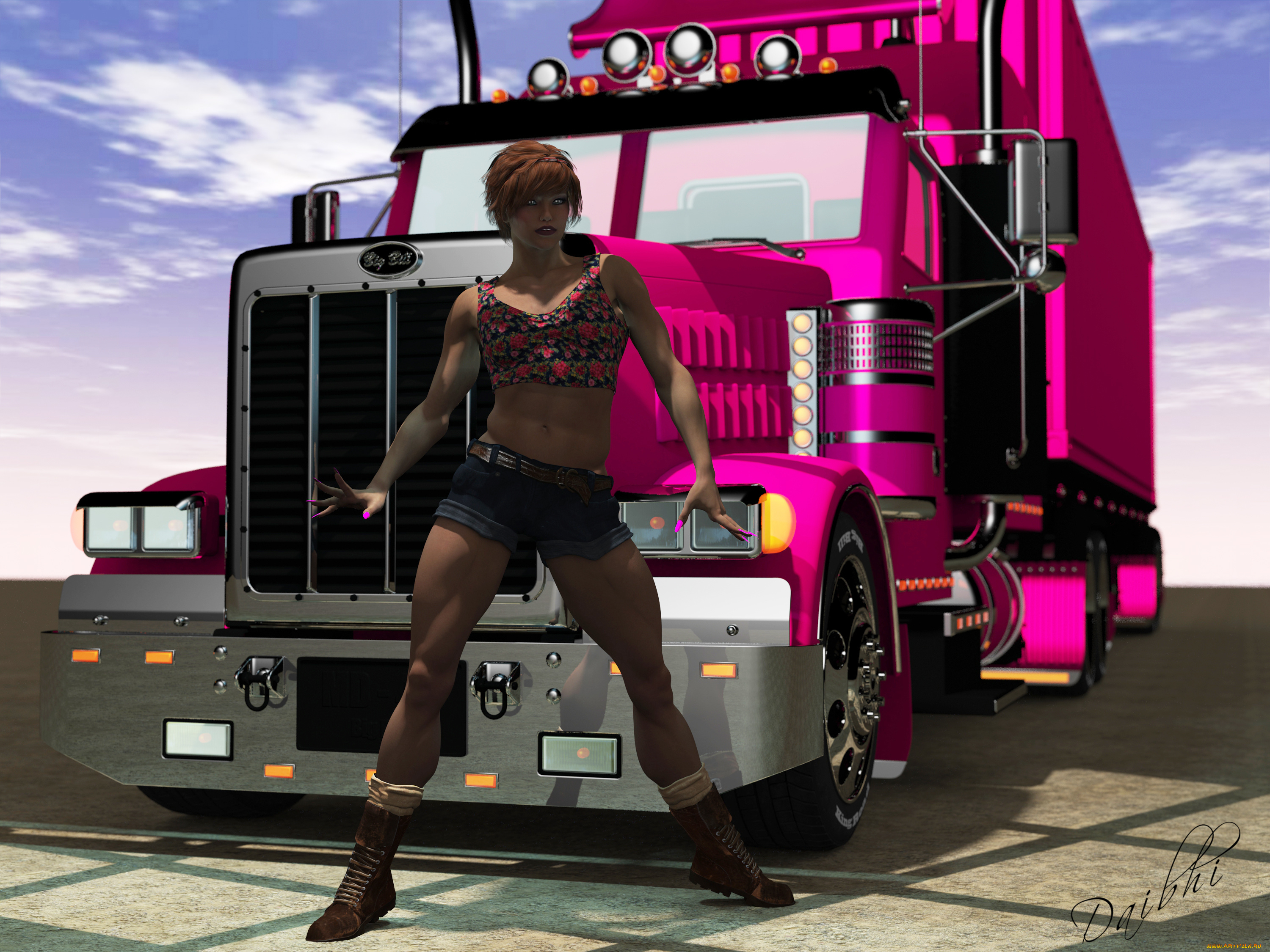 автомобили, 3d, car&girl, девушка, автомобиль, фон, взгляд