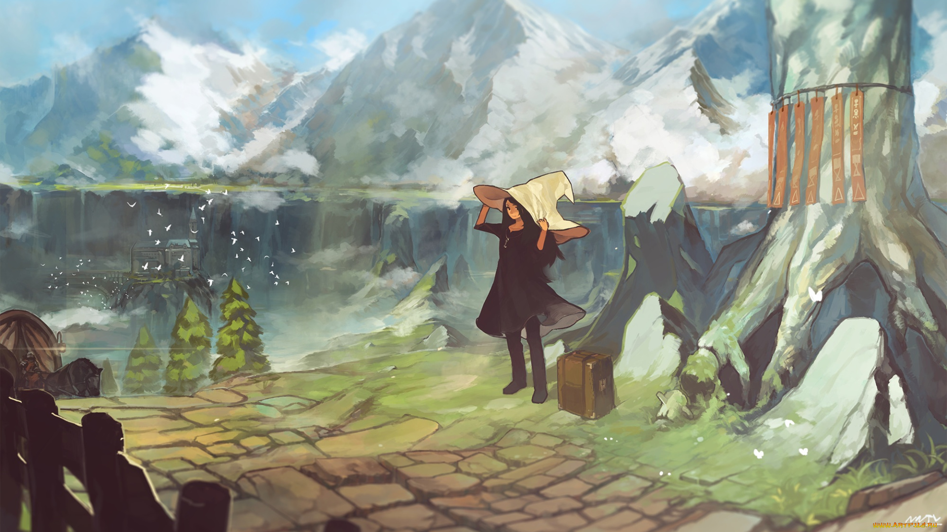 аниме, unknown, , другое, горы, девушка, шляпа