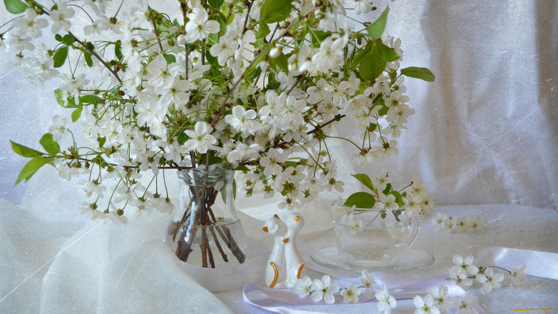 цветы, сакура, , вишня, вишня, ветки, статуэтка, котята