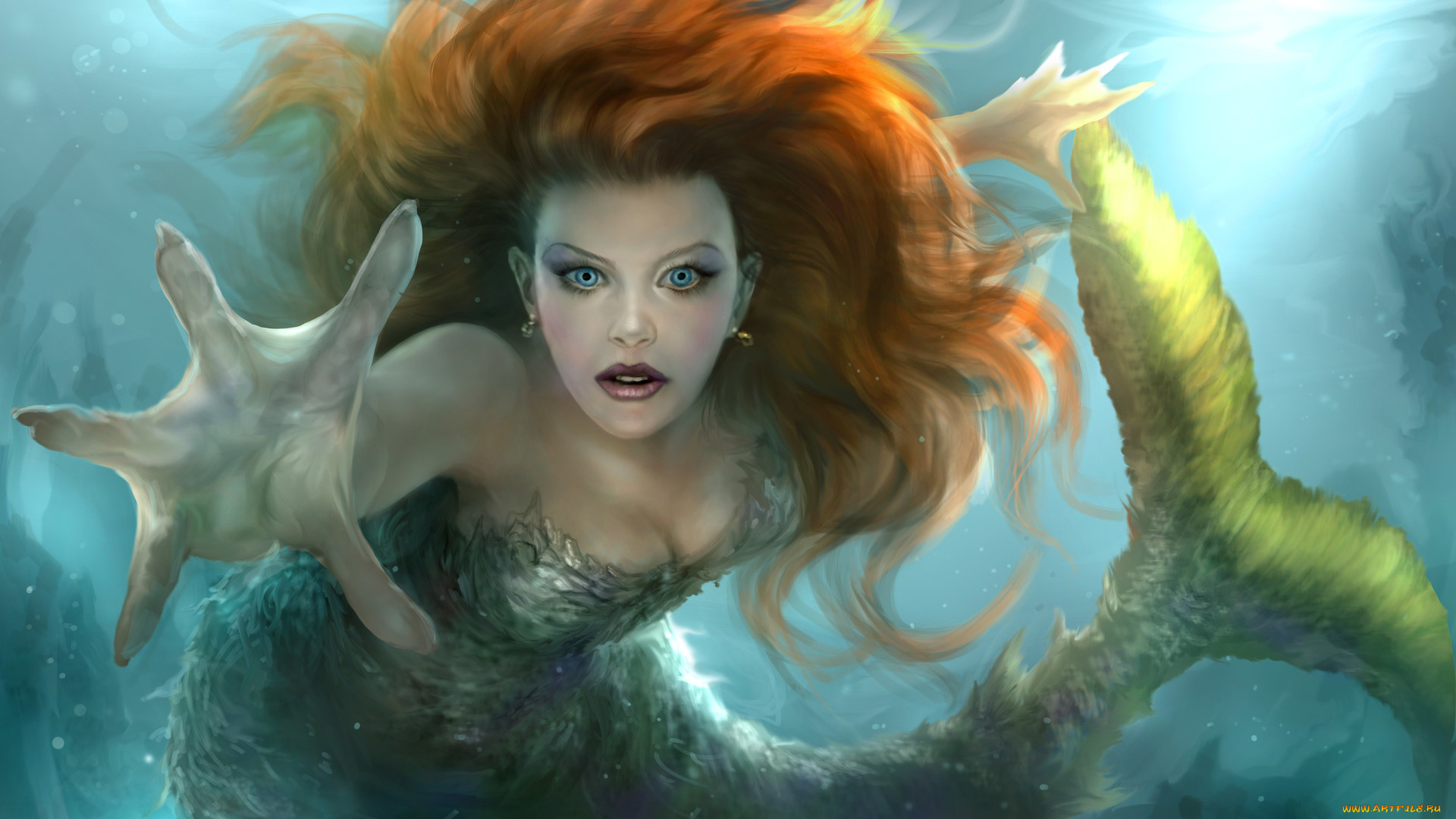 фэнтези, русалки, русалка, взгляд, волосы, рука, плавник, хвост, вода