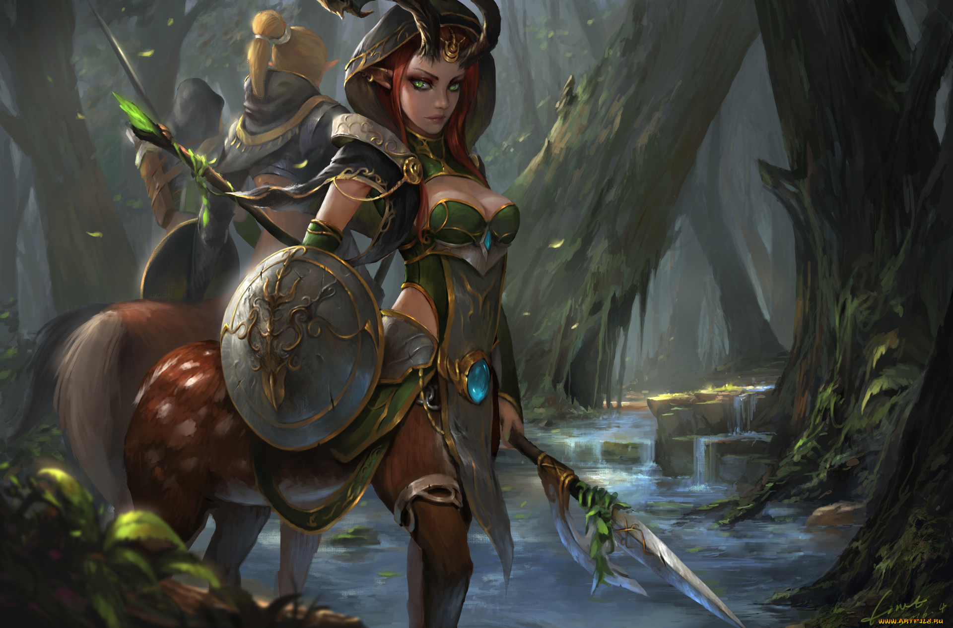 фэнтези, существа, оружие, кентавр, взгляд, девушка, лес, деревья, щит, арт, фэнтази