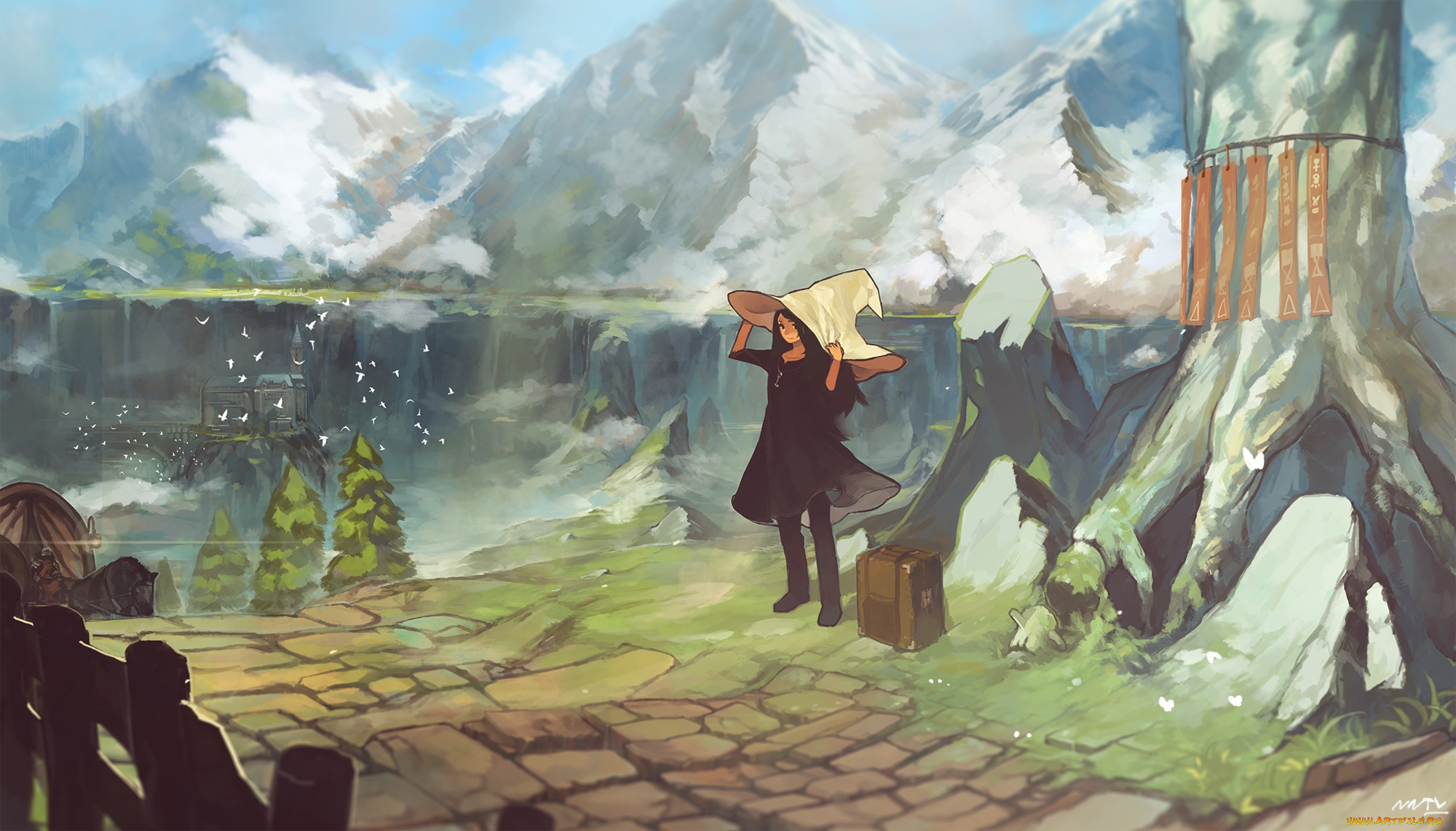 аниме, unknown, , другое, горы, девушка, шляпа