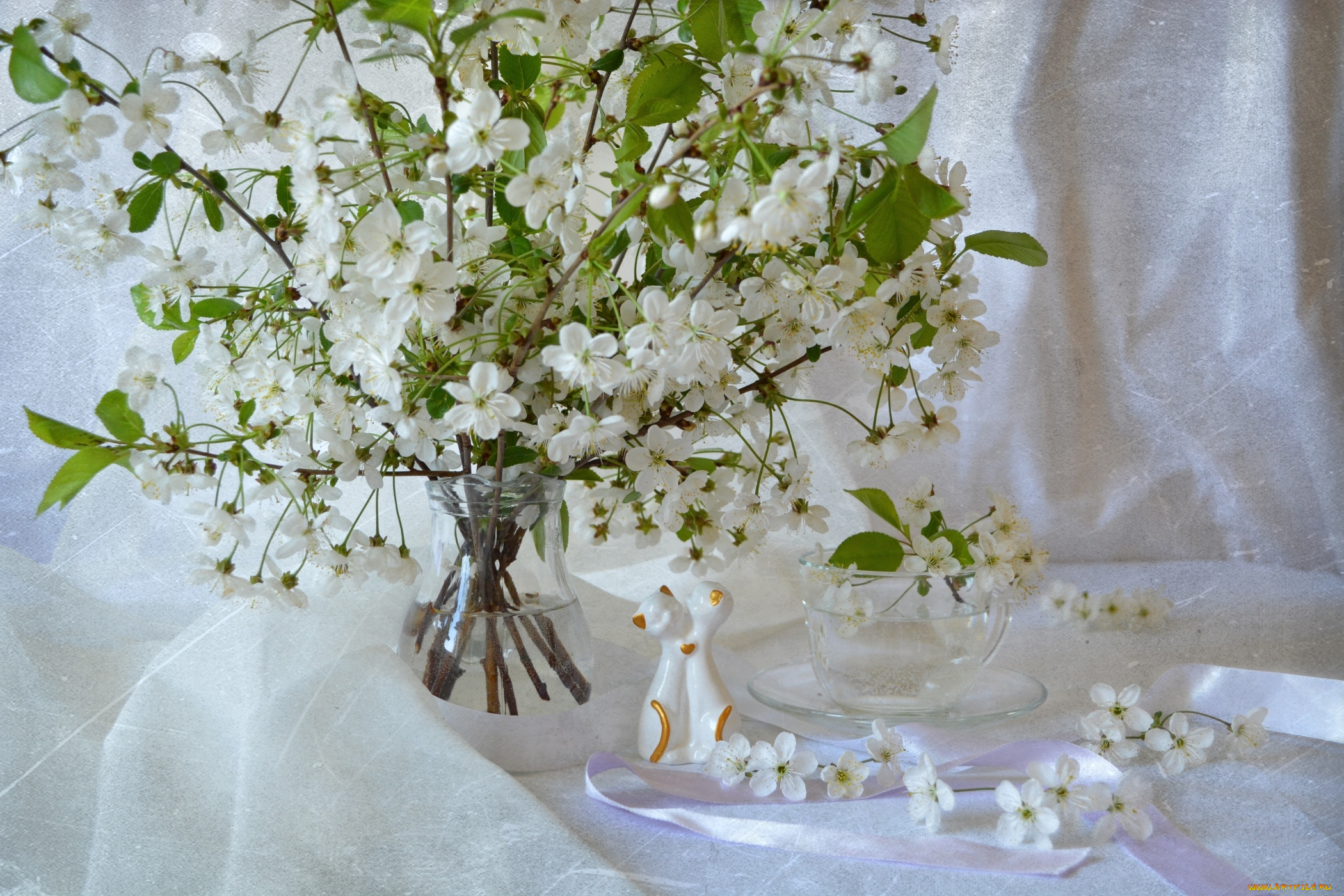 цветы, сакура, , вишня, вишня, ветки, статуэтка, котята