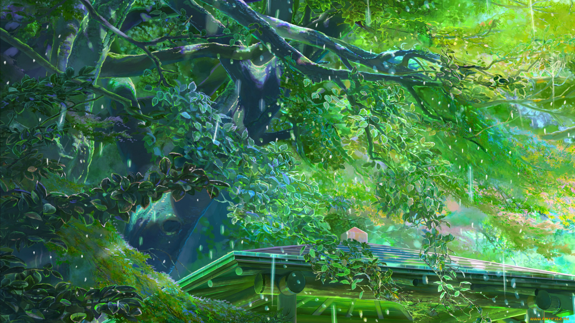 аниме, kotonoha, no, niwa, makoto, shinkai, лето, крыша, kotonoha, no, niwa, art, беседка, парк, сад, изящных, слов, деревья