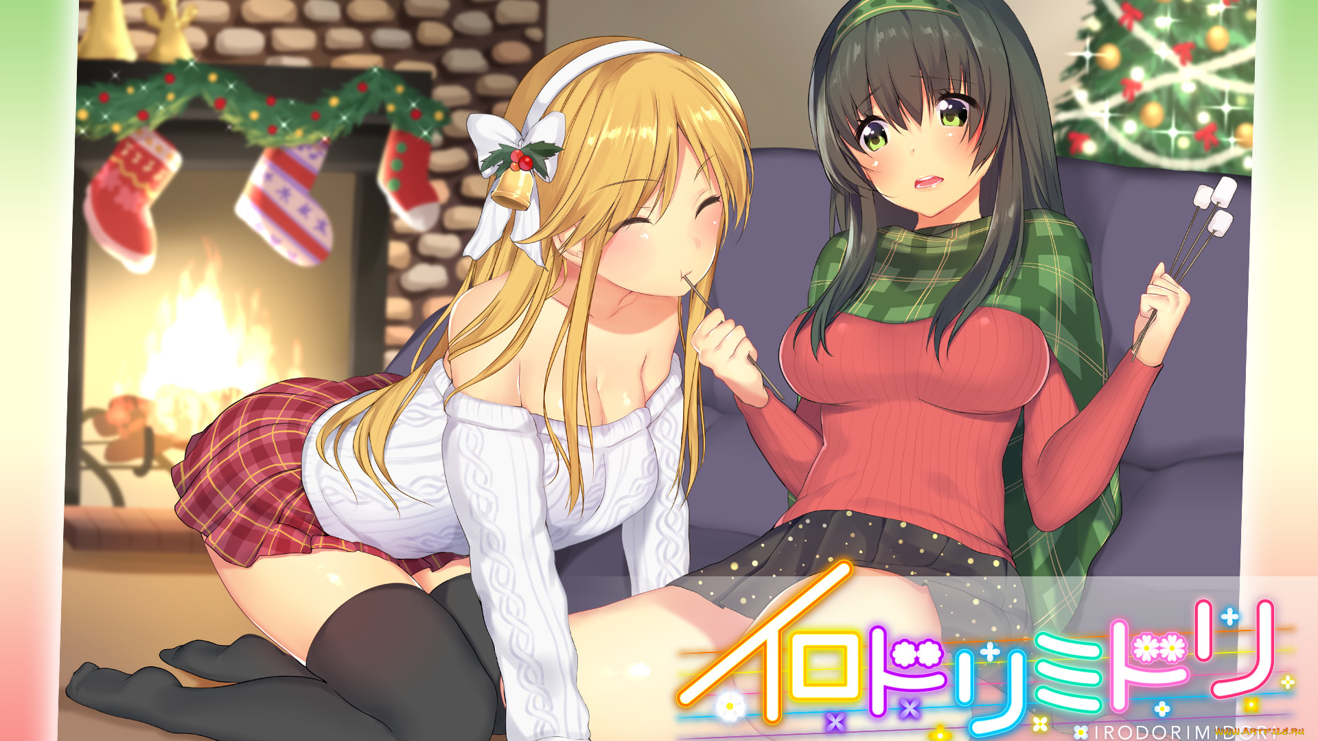 irodori, midori, аниме, девушки, взгляд, фон