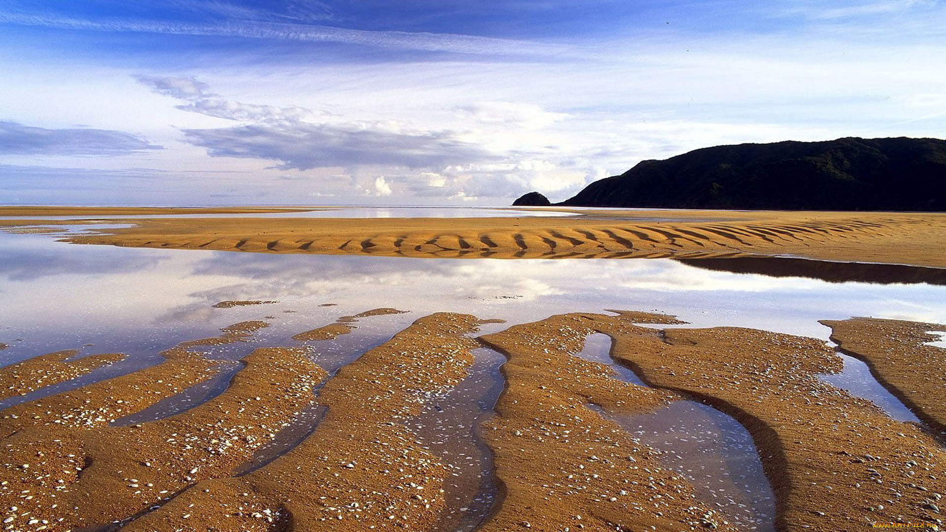 природа, побережье, озеро, гора, песок, облака, небо
