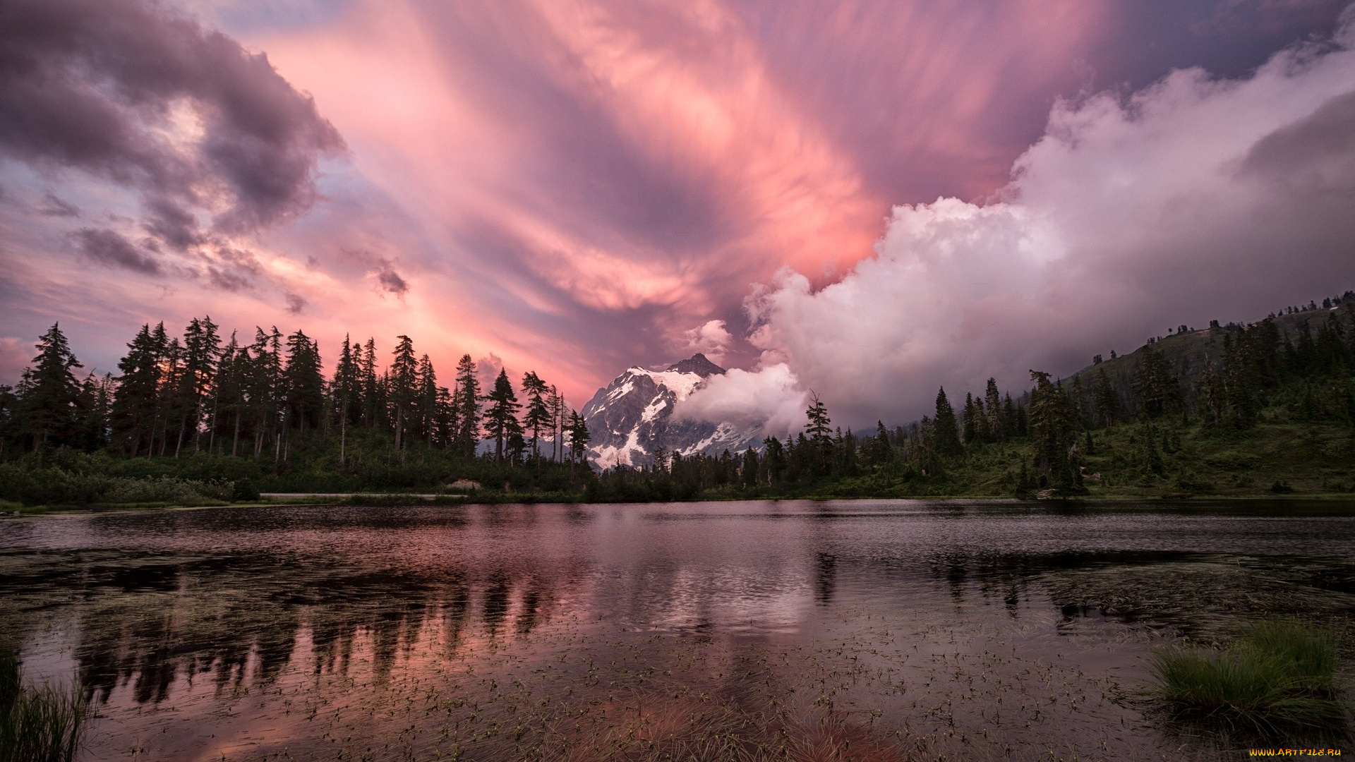 природа, реки, озера, гора, закат, деревья, озеро, облака, небо