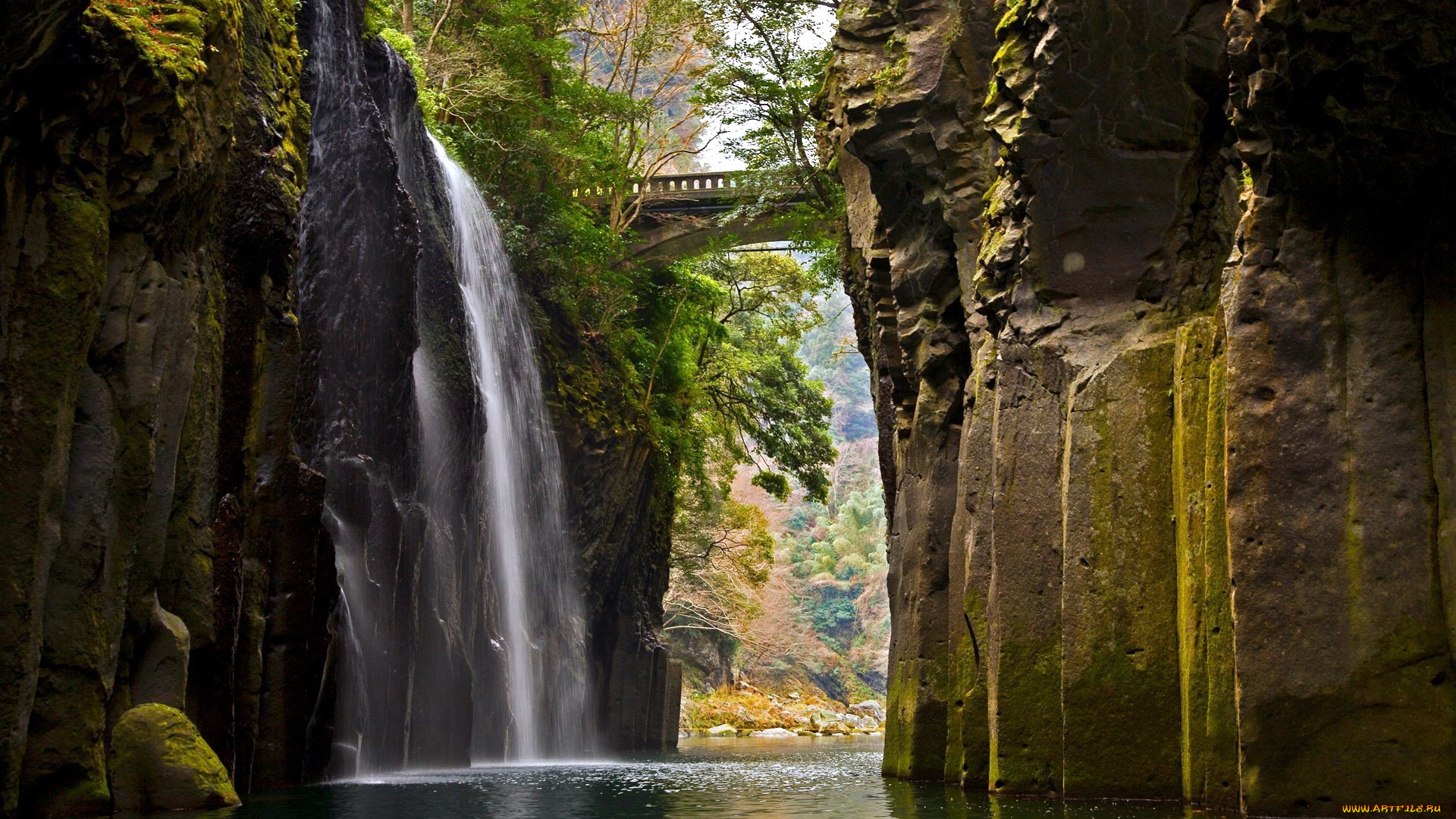 природа, водопады, ущелье, река, водопад, мостик