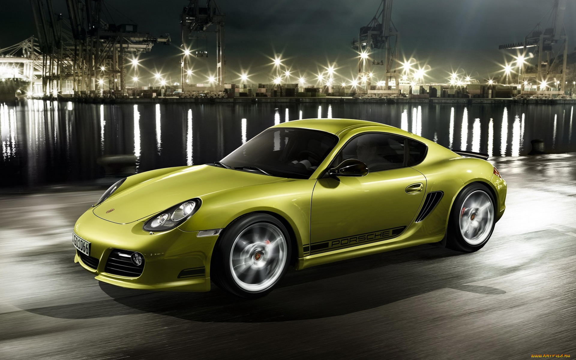 автомобили, porsche, порт, огни, cayman, r, желтый, порше