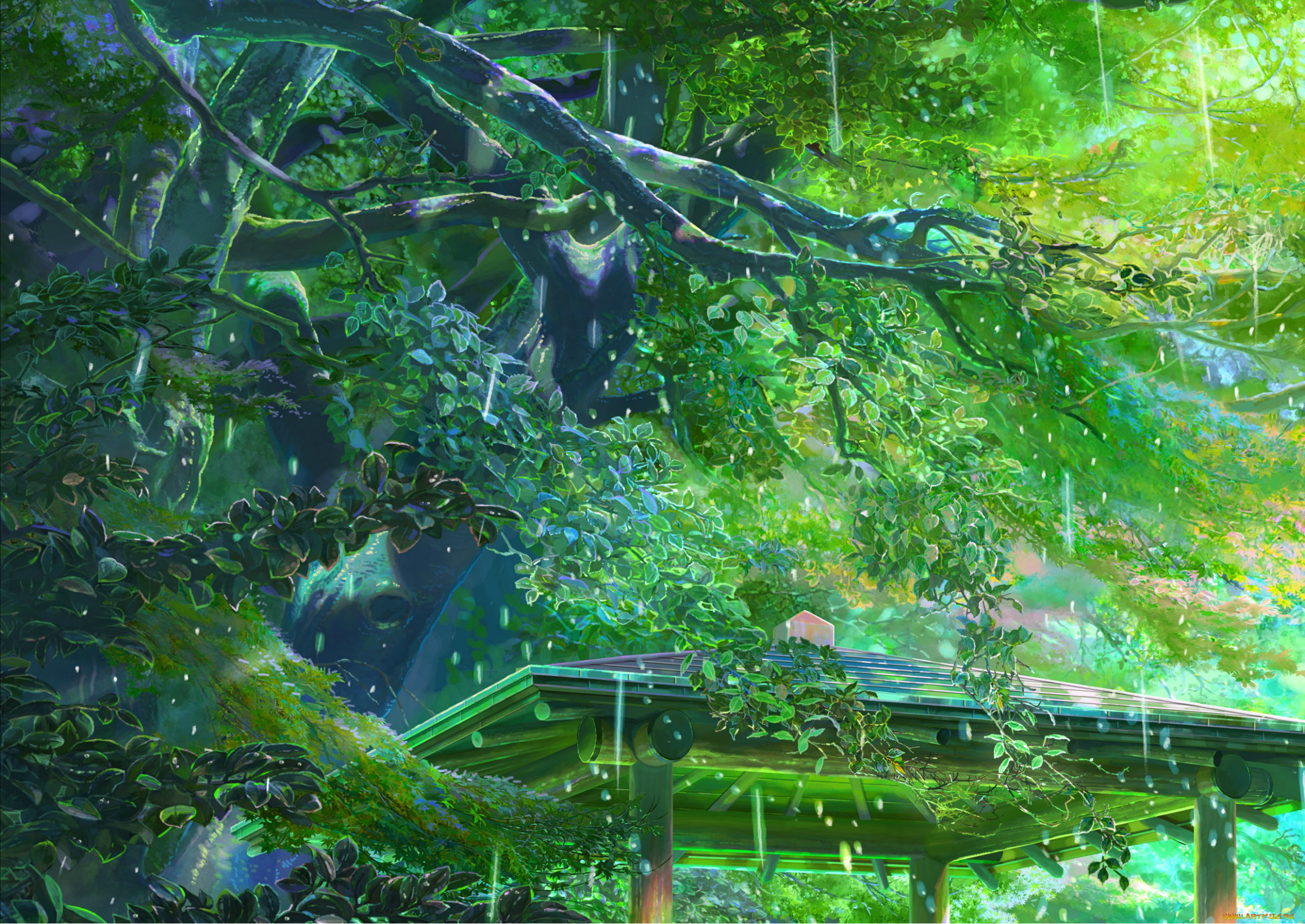 аниме, kotonoha, no, niwa, makoto, shinkai, лето, крыша, kotonoha, no, niwa, art, беседка, парк, сад, изящных, слов, деревья