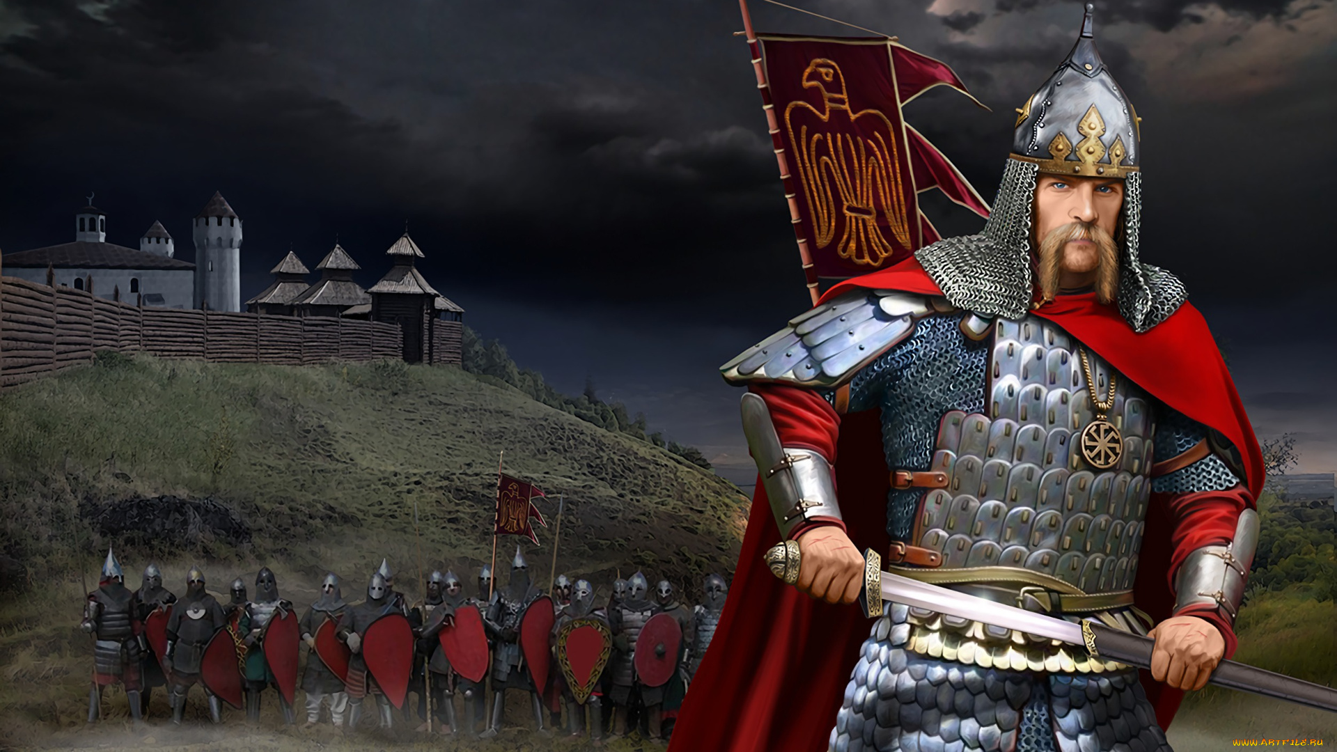 рисованное, -, другое, рисунок, воин, коловрат, шлем, древняя, русь, дружина, кольчато-пластинчатые, доспехи, славянский, каплевидный, щит, меч