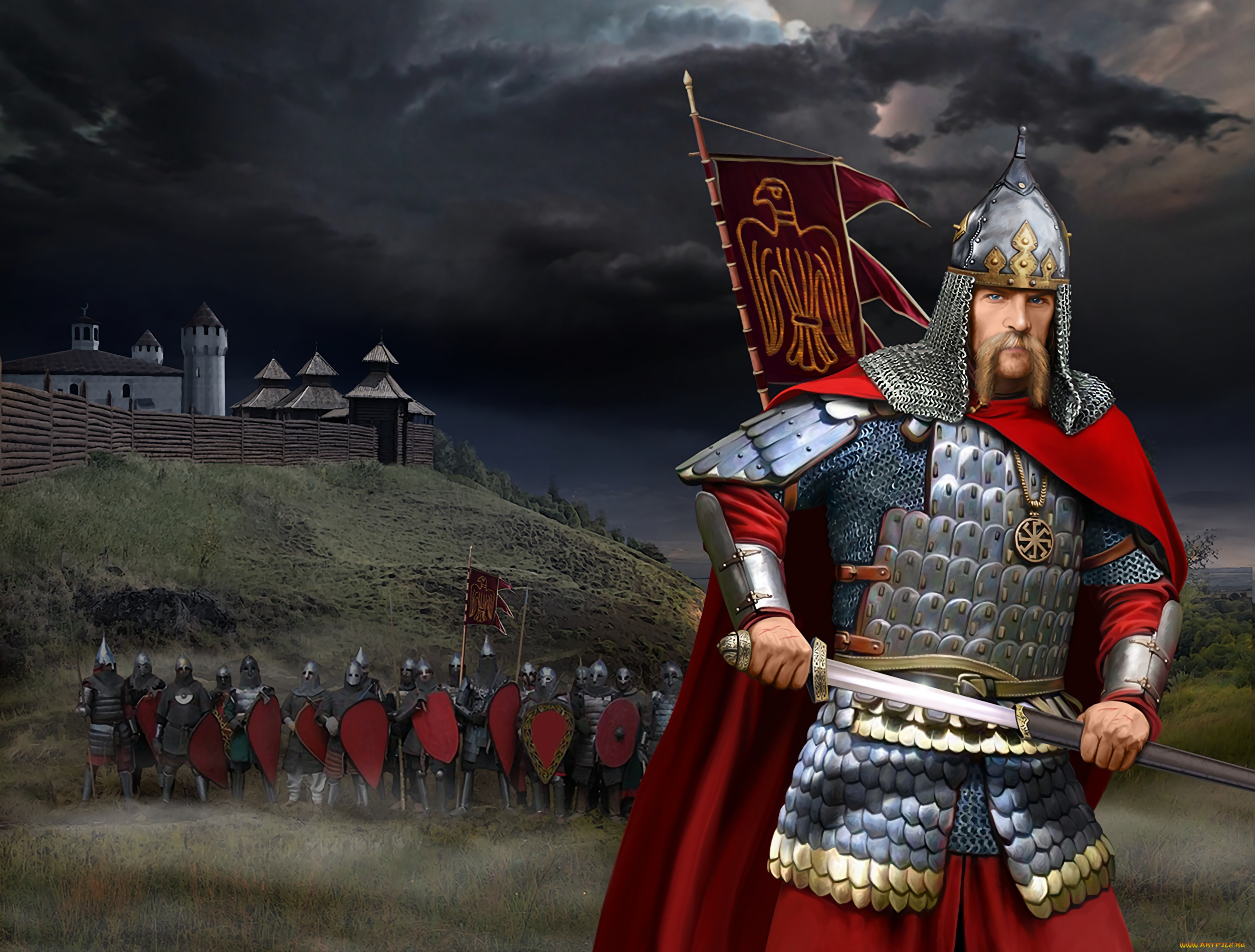 рисованное, -, другое, рисунок, воин, коловрат, шлем, древняя, русь, дружина, кольчато-пластинчатые, доспехи, славянский, каплевидный, щит, меч