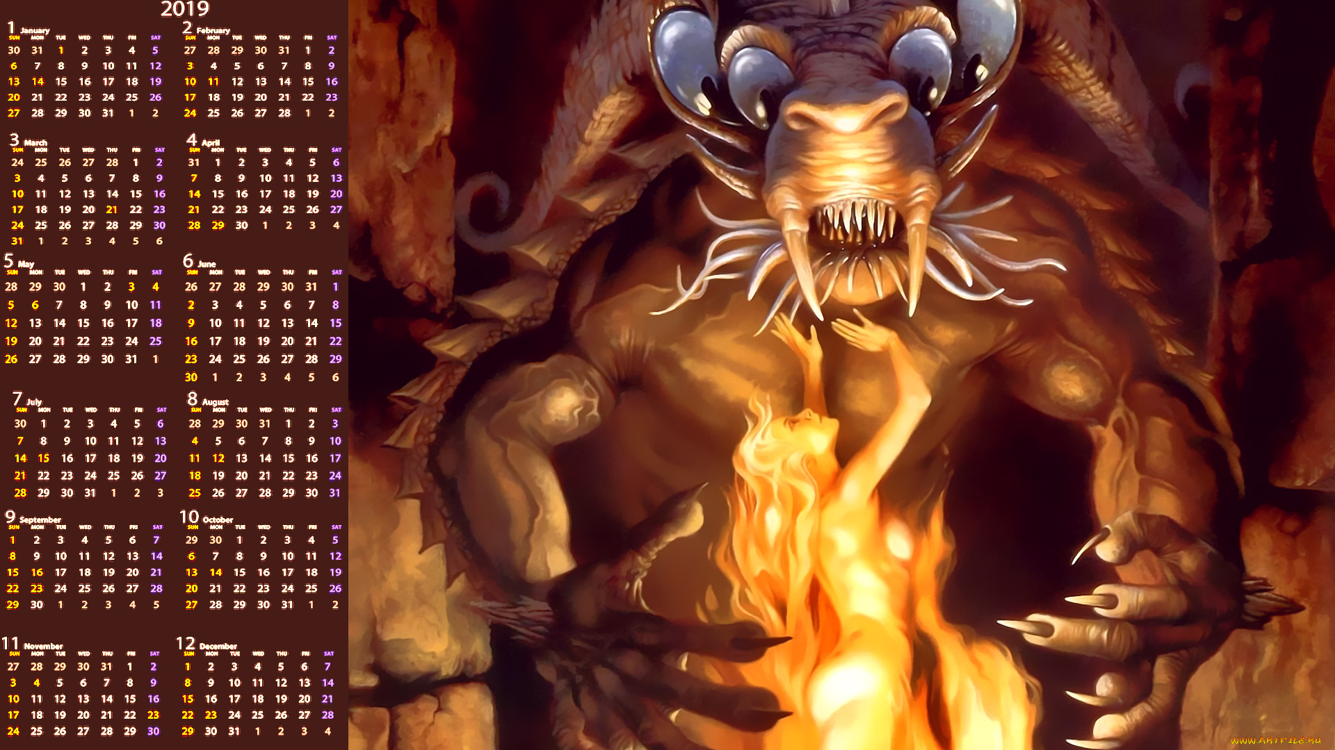 календари, фэнтези, монстр, обнаженная, существо, девушка