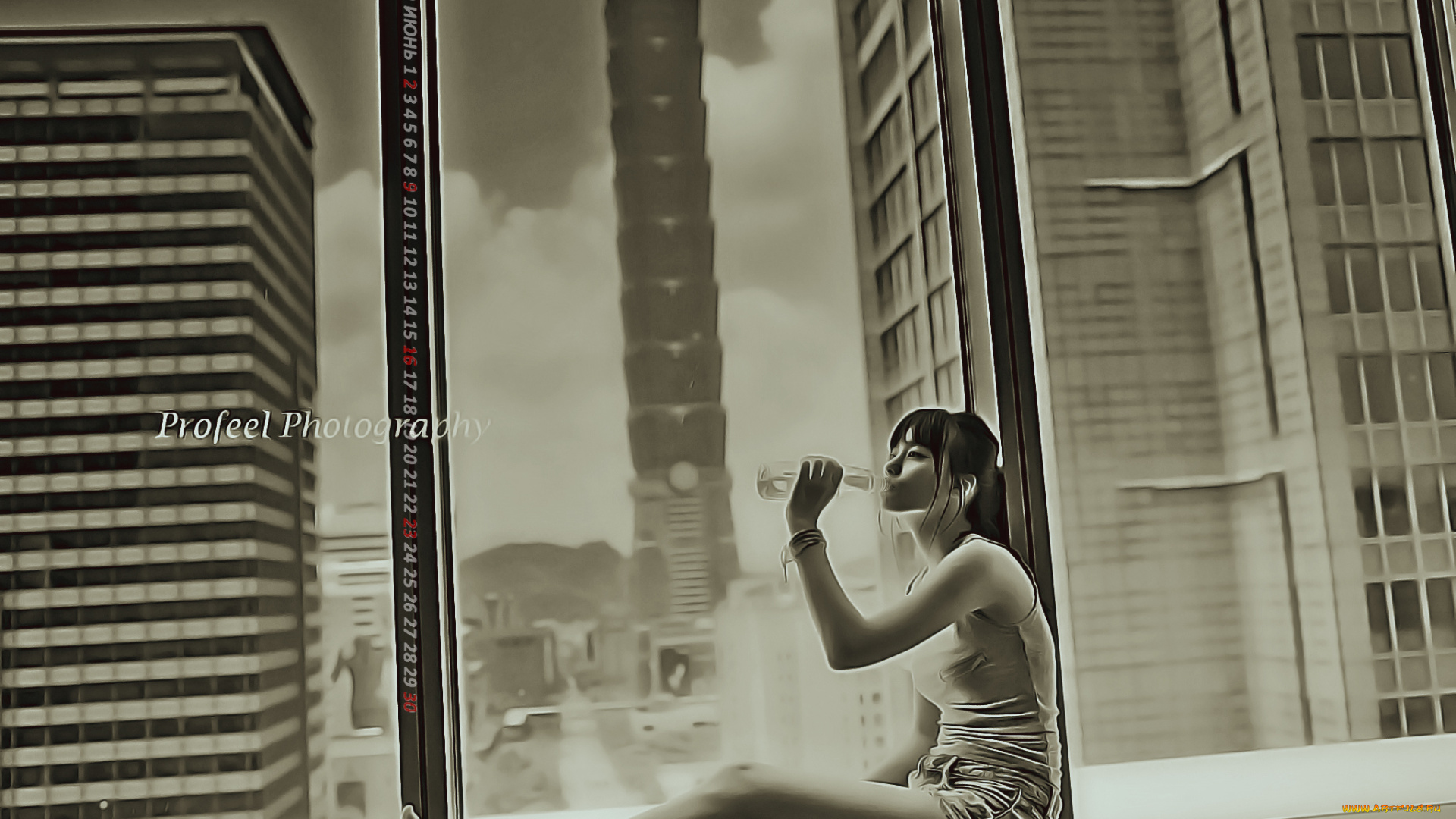 календари, компьютерный, дизайн, небоскреб, бутылка, пить, сидеть, окно, девушка, азиатка