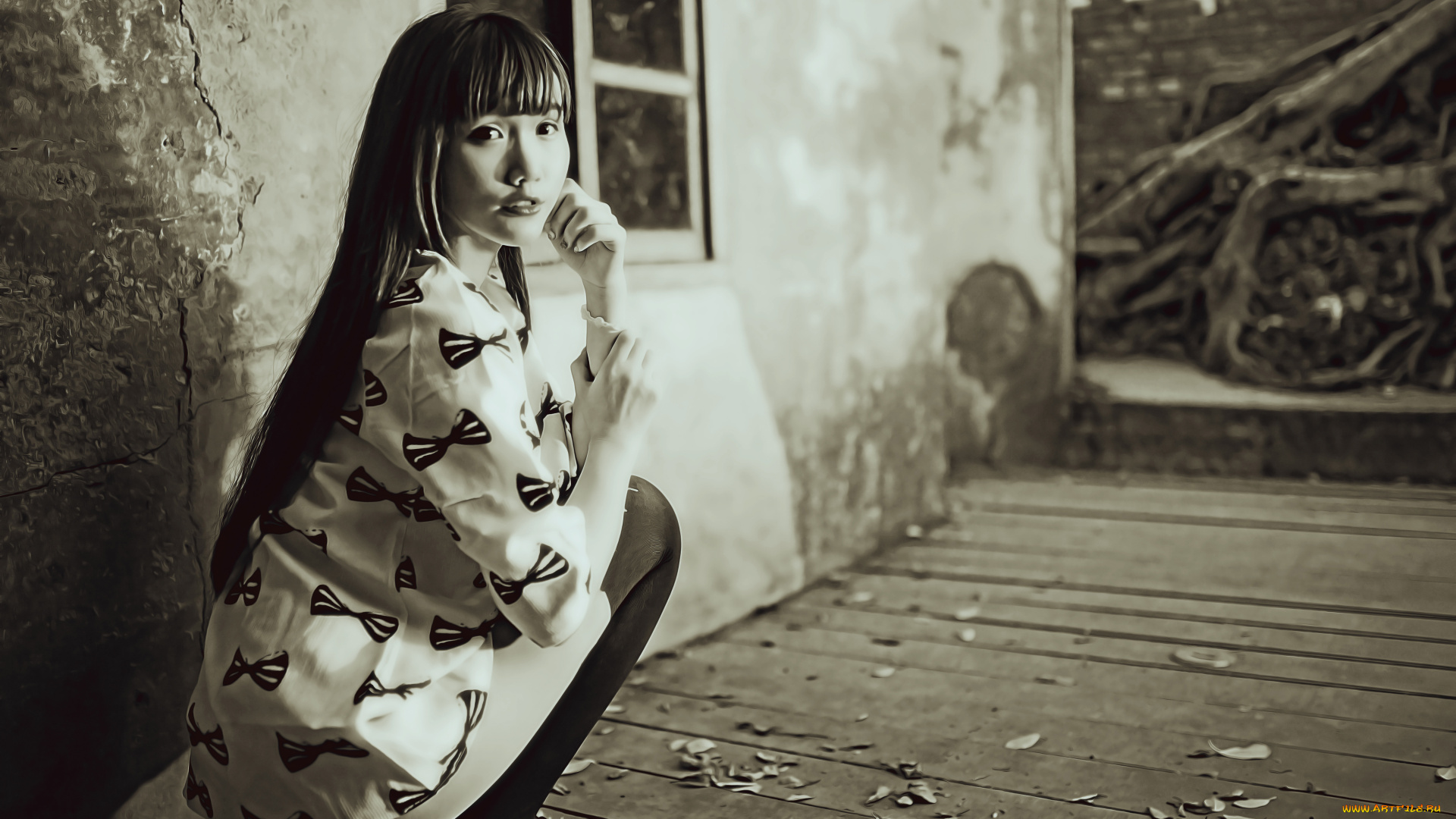 календари, компьютерный, дизайн, сидеть, здание, окно, стена, девушка, азиатка