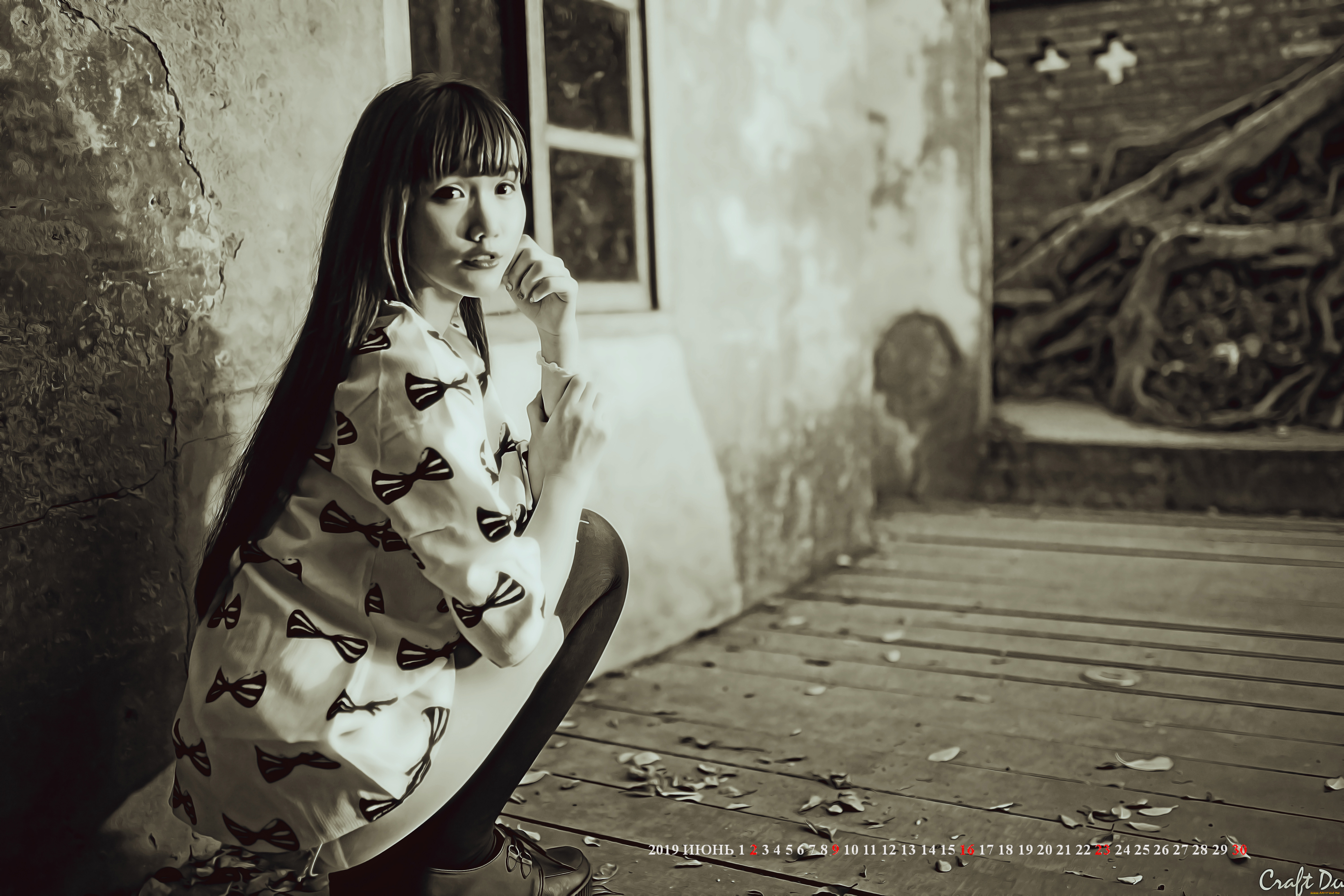 календари, компьютерный, дизайн, сидеть, здание, окно, стена, девушка, азиатка