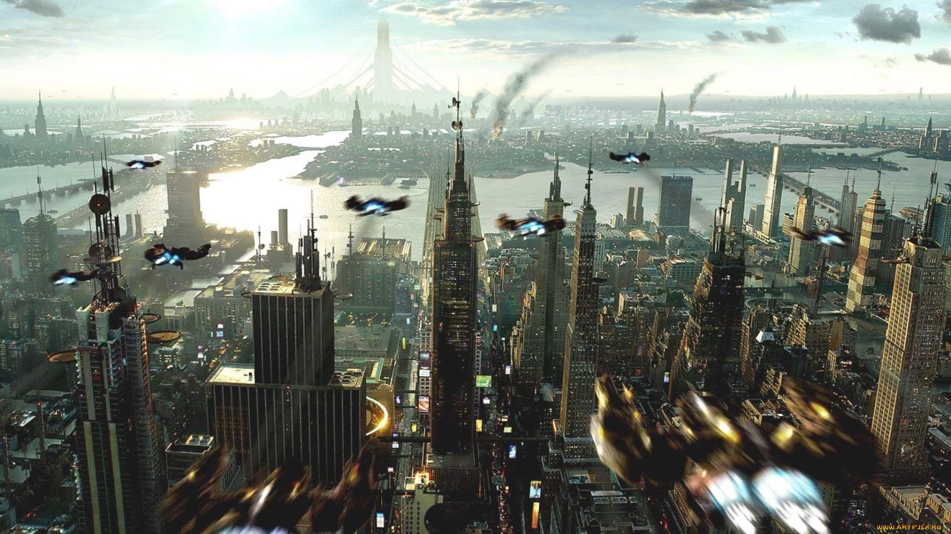 фэнтези, иные, миры, , иные, времена, небо, город, озеро, панорама, транспорт