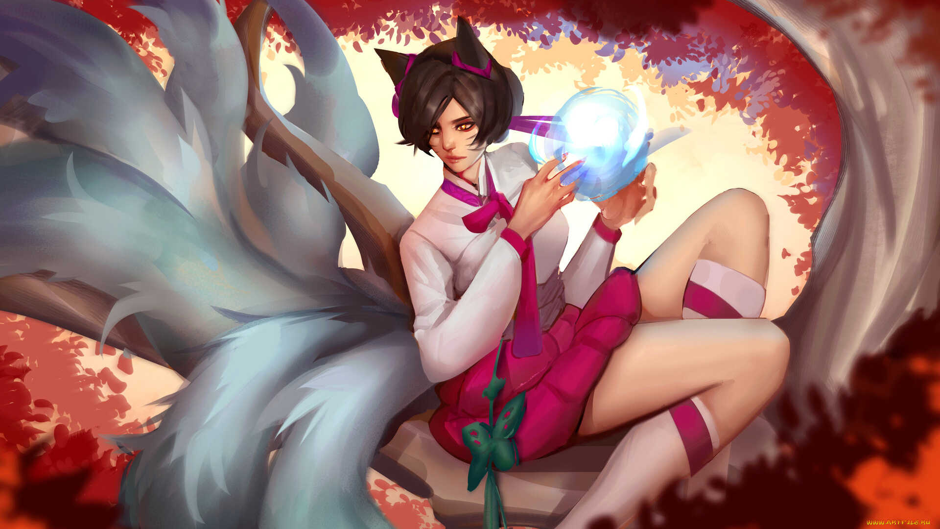 видео, игры, league, of, legends, ahri, хвосты, дерево, магия