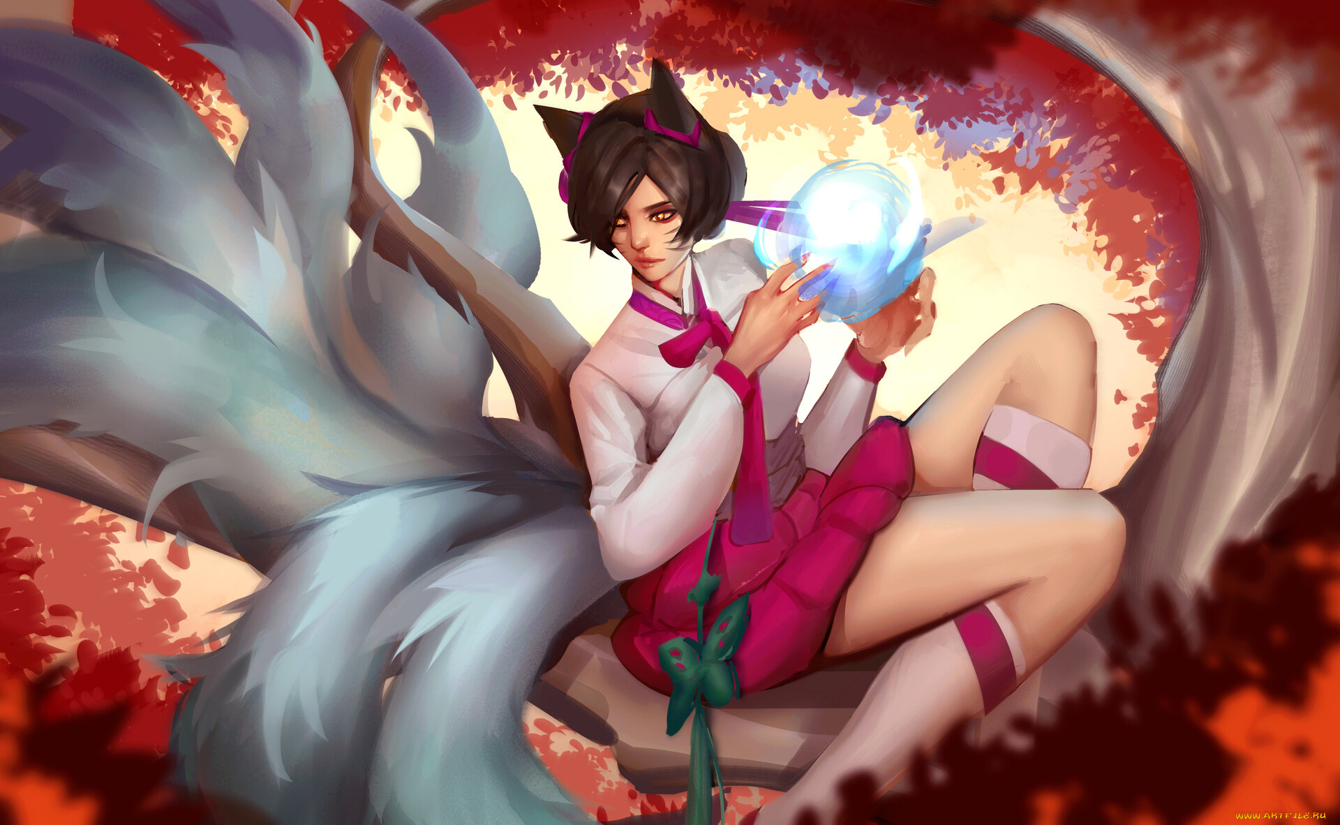 видео, игры, league, of, legends, ahri, хвосты, дерево, магия