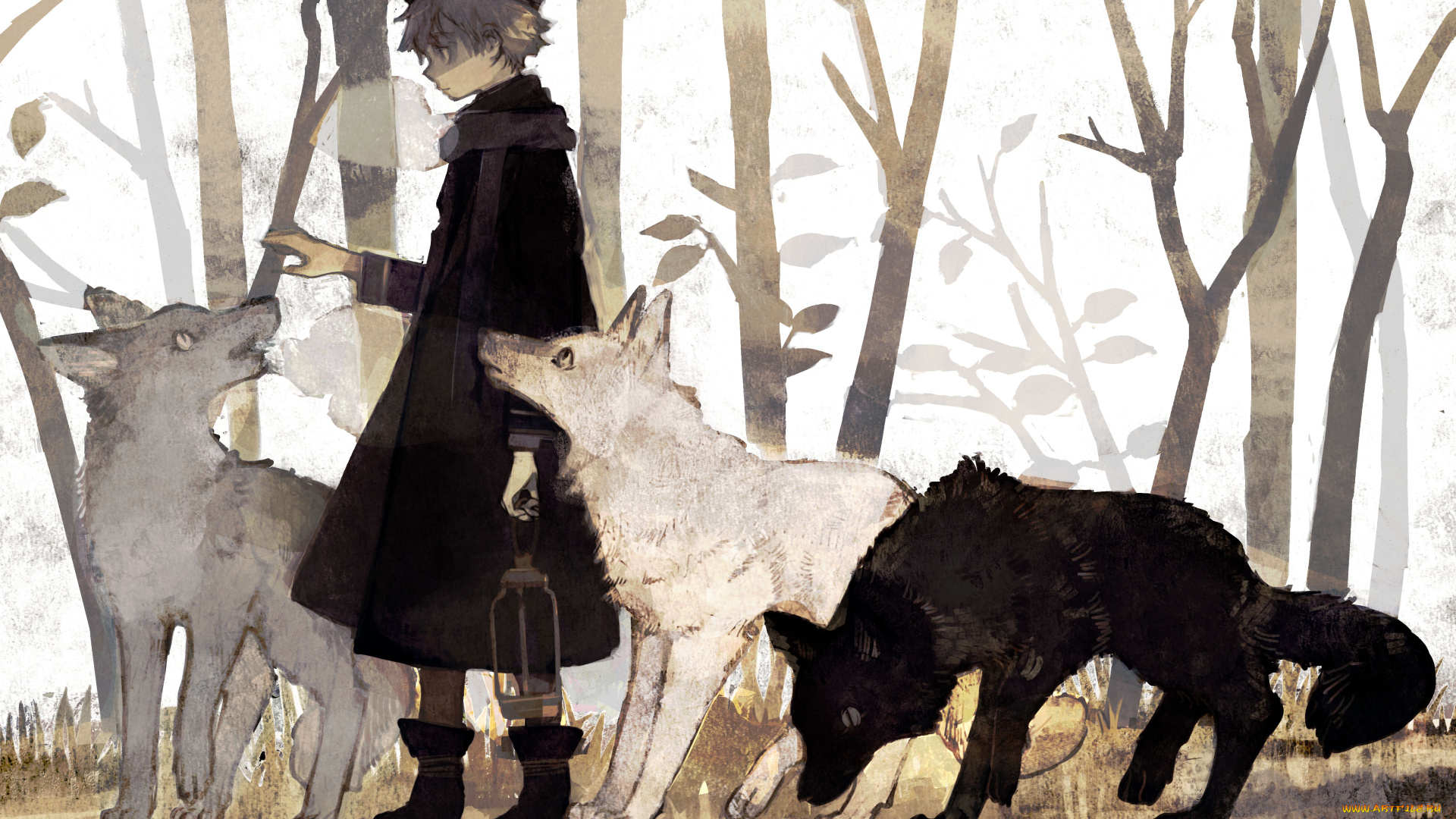 аниме, животные, , существа, мальчик, волки