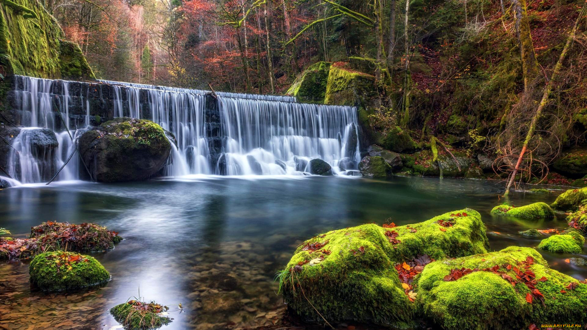 природа, водопады, лес, камни, мох
