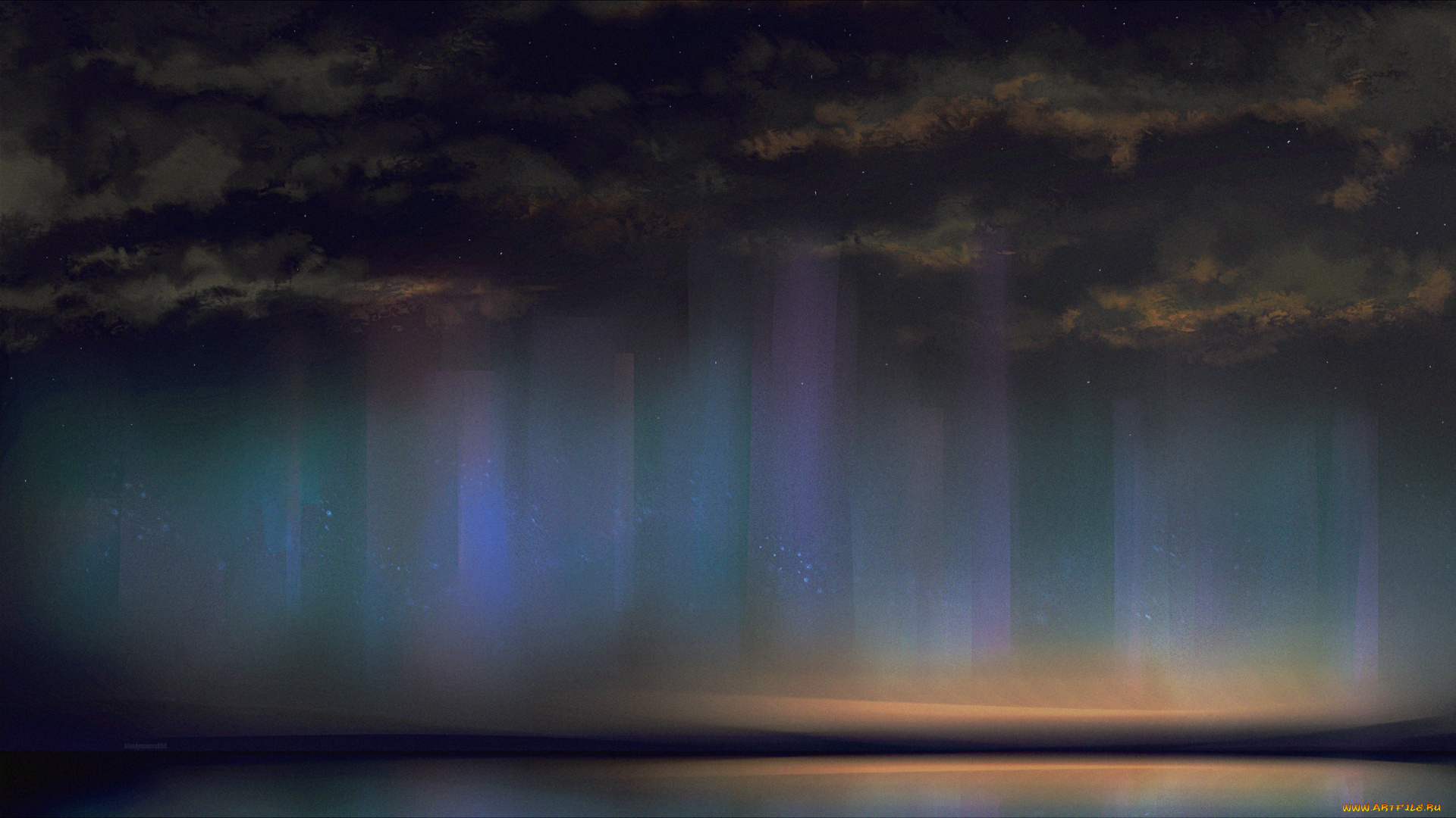 рисованное, природа, небо, тучи, северное, сияние, море