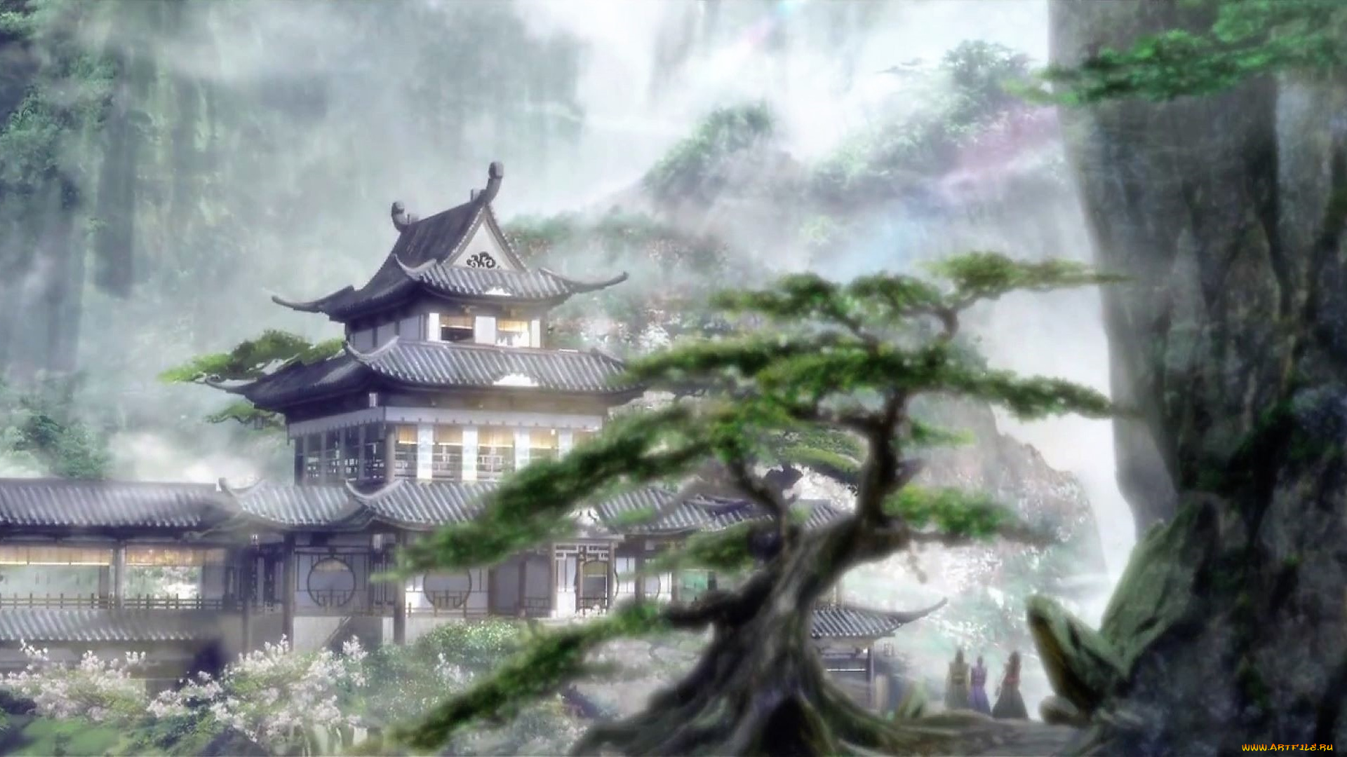 аниме, mo, dao, zu, shi, гусу, лань, дома, водопад, туман