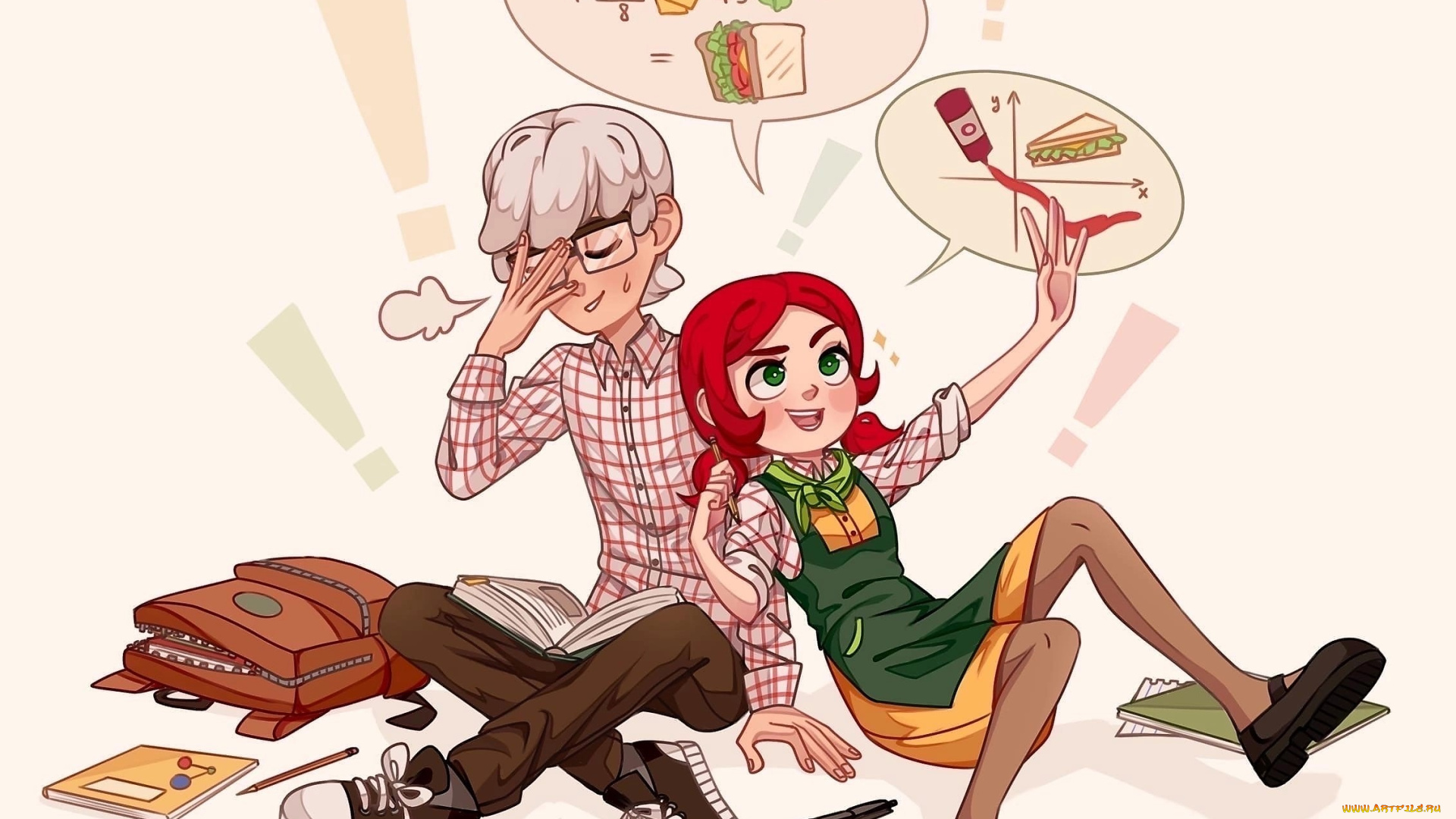 рисованное, дети, мальчик, девочка, мысли, книги, портфель