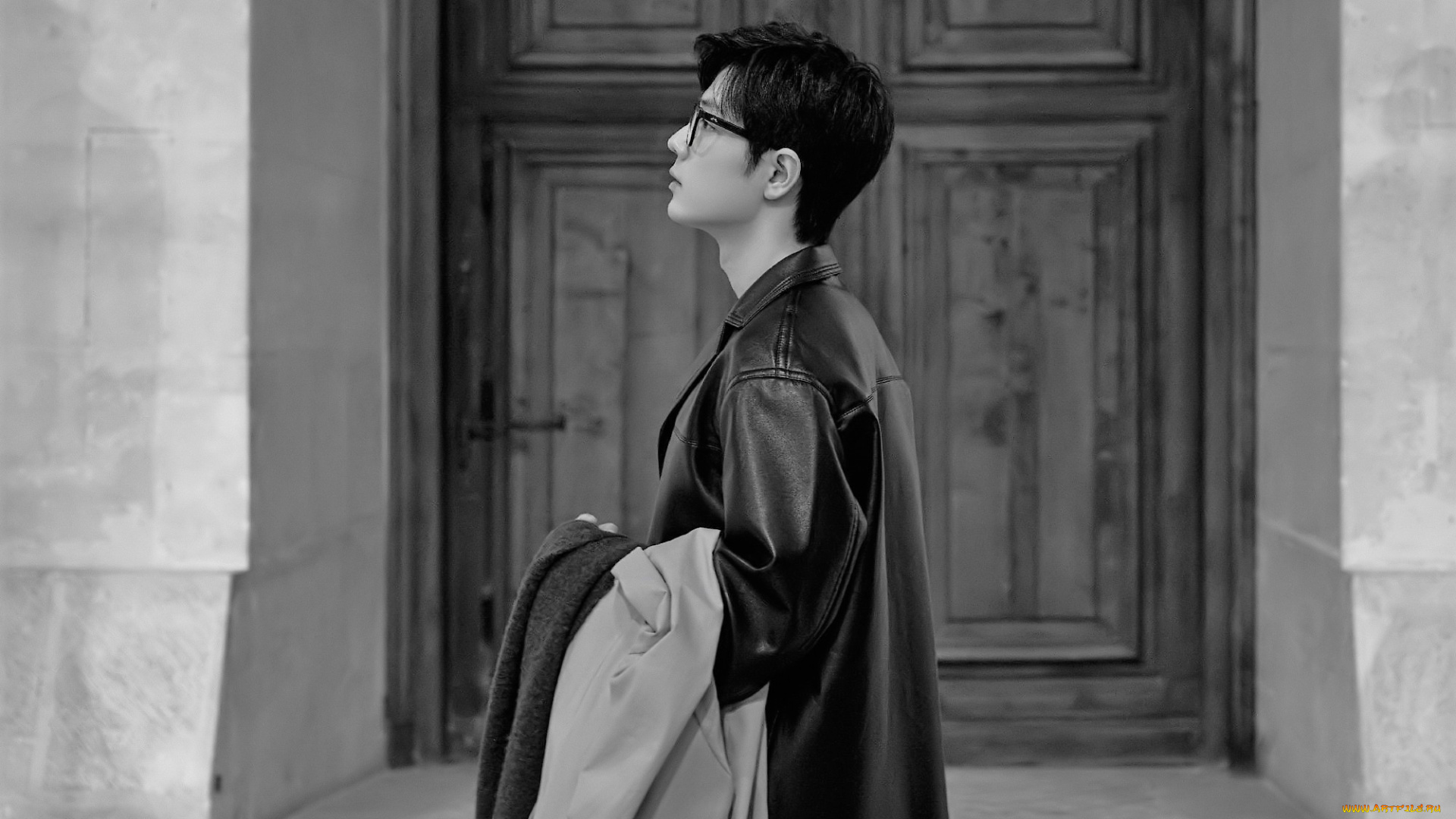 мужчины, xiao, zhan, актер, очки, куртка, здание, дверь