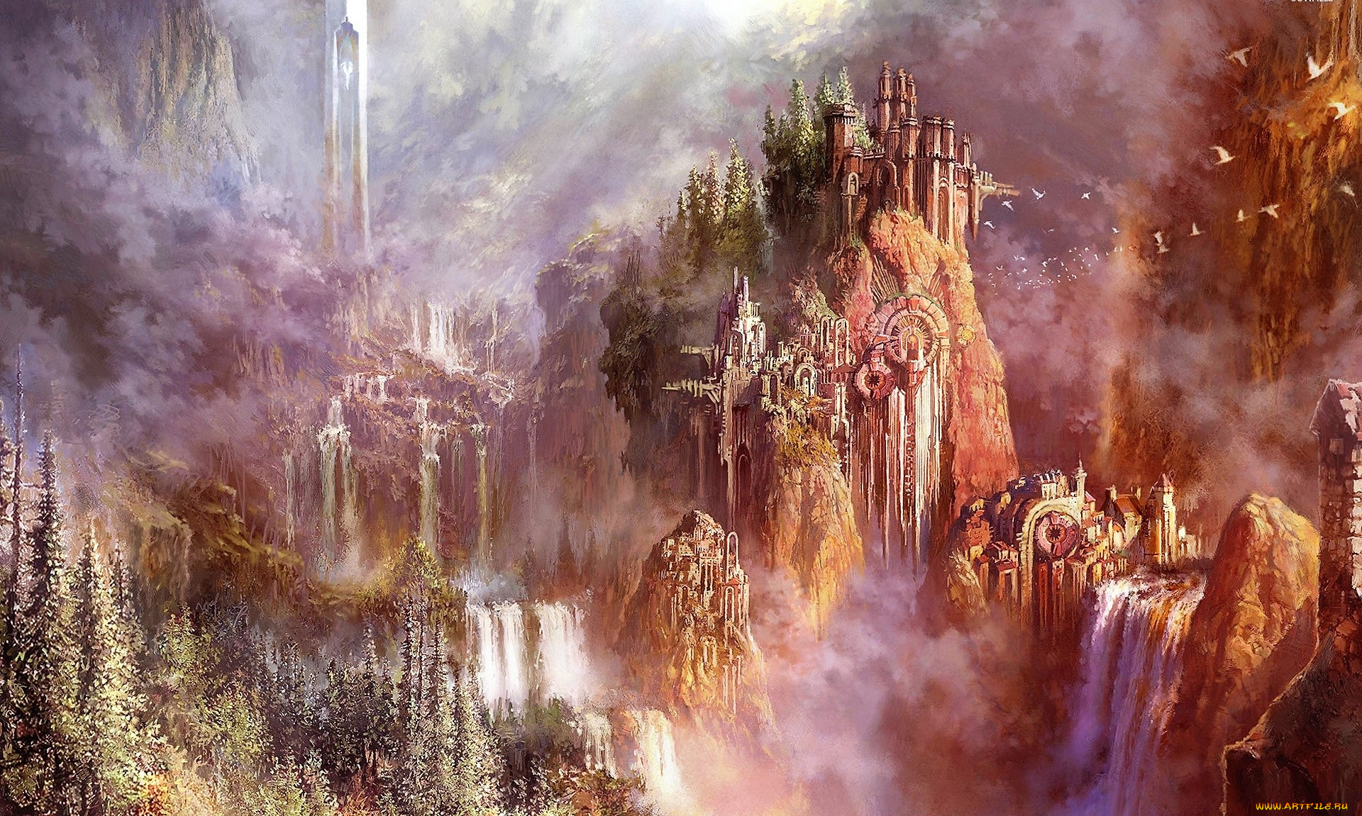 видео, игры, aion, , the, tower, of, eternity, горы, водопады, дворец